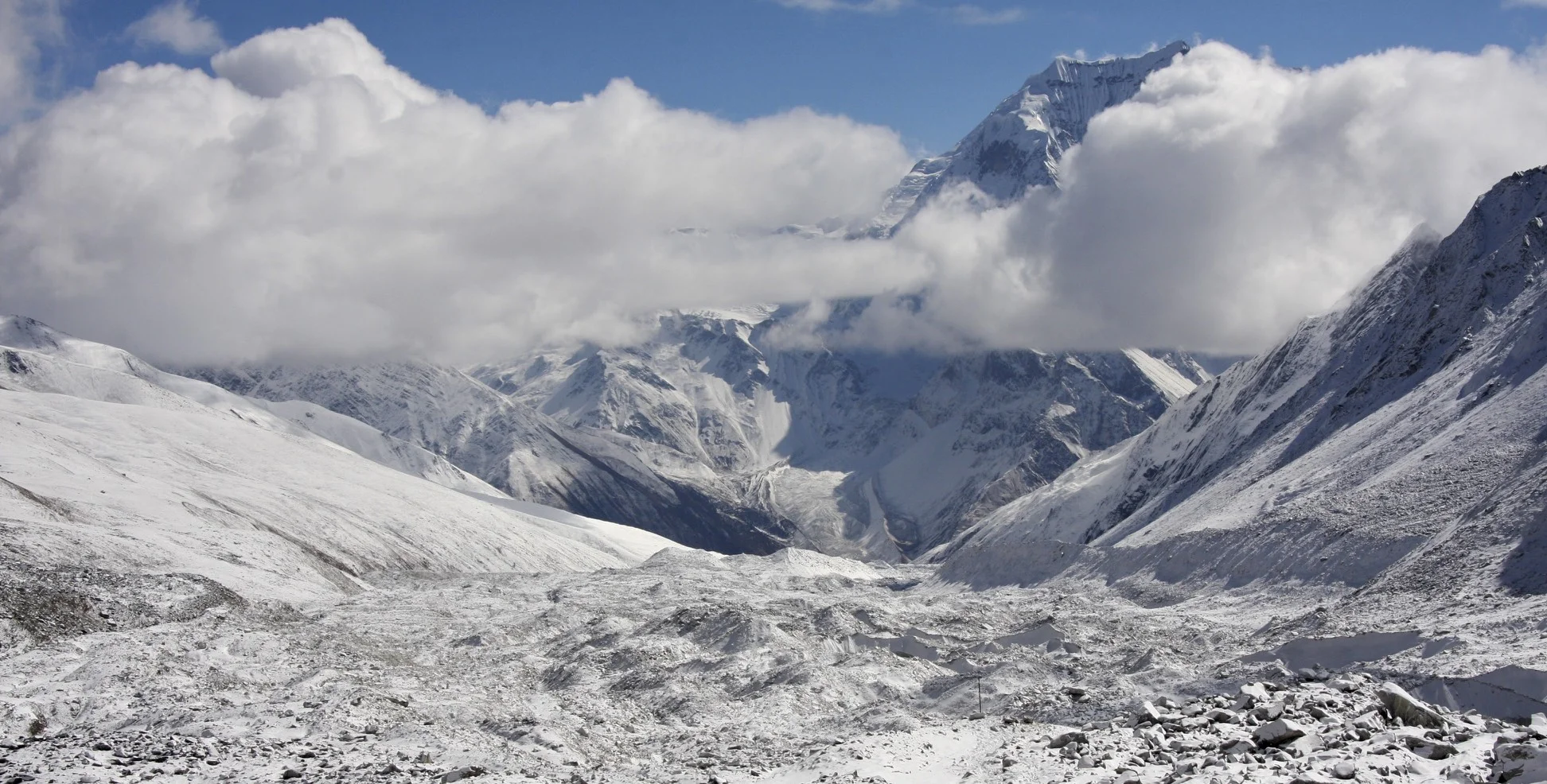 Looking back to where we came from from the top of Larkya Pass at 5,100m