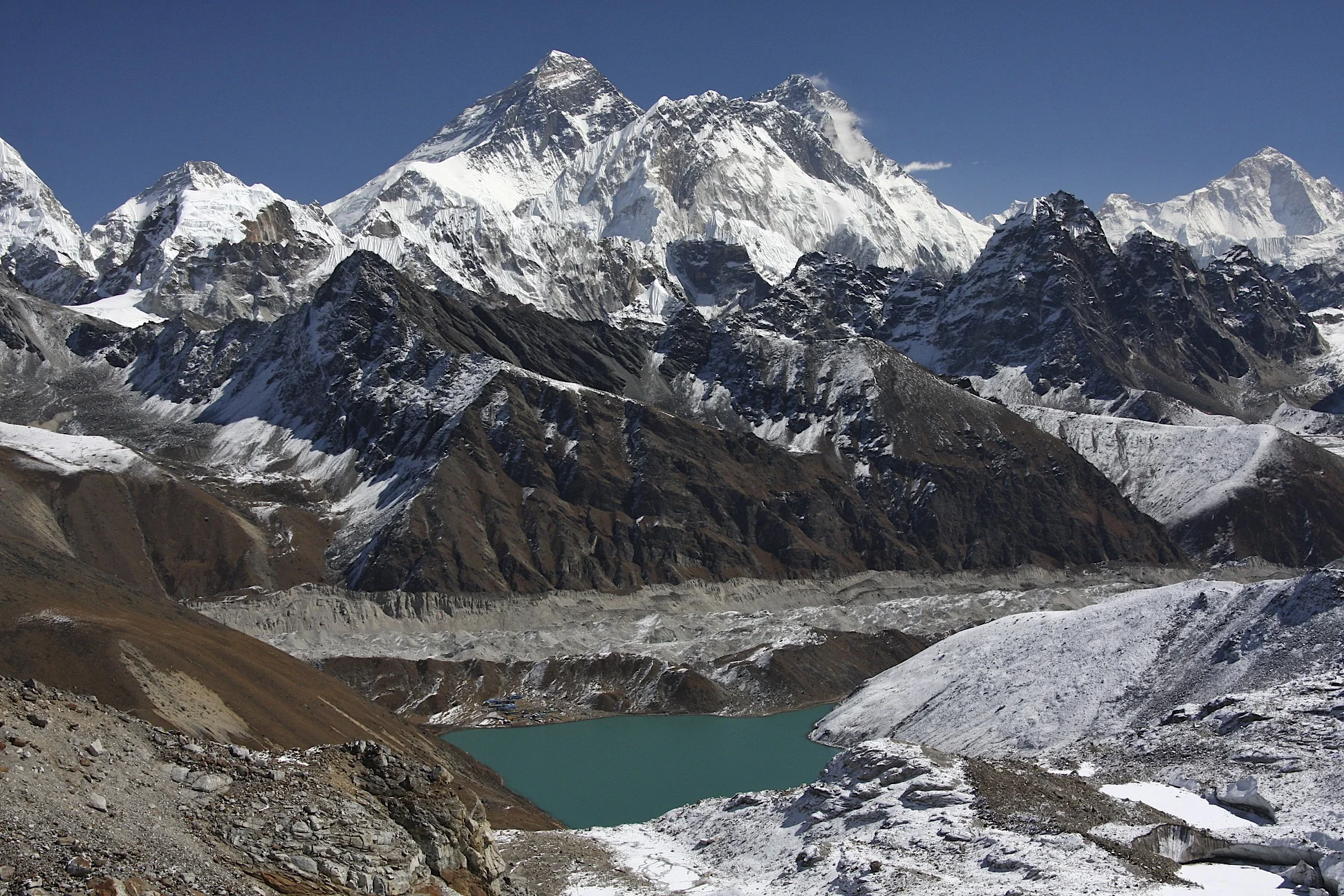 The magnificent panorama from the Renjo La Pass. Mt. Everest, Nuptse and Lhotse dominate the view. On the right, far in the distance is Mt. Makalu.