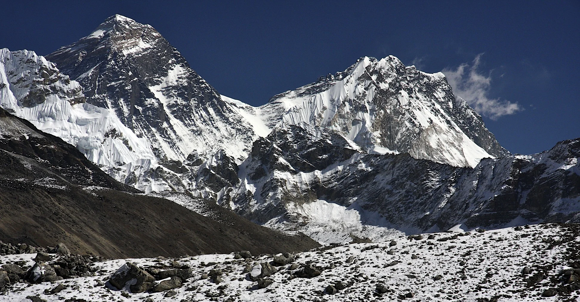 Everest and Lhotse from upper Ngozumpa Glacier. On the left is the Changri Pass.