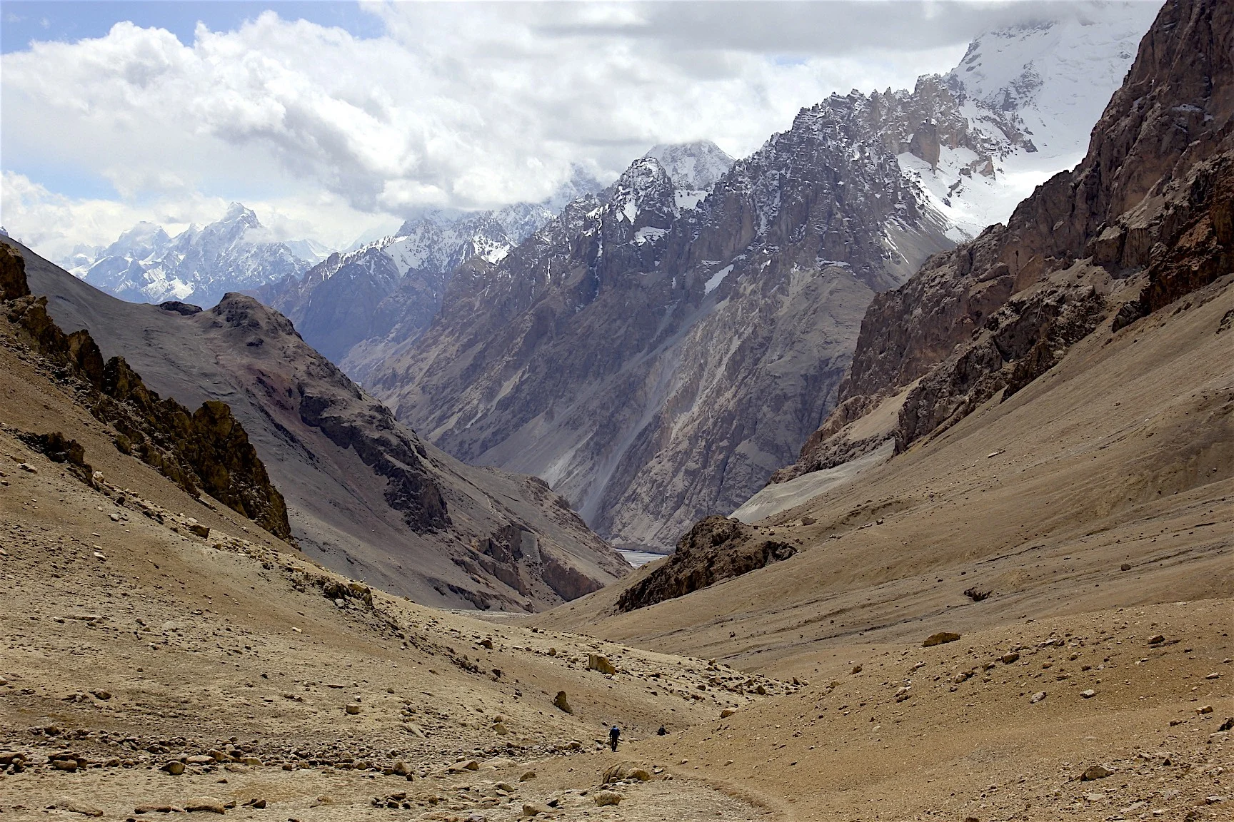 The view from the top of Aghil Pass towards the Shagskam River Valley and the main Karakoram Range