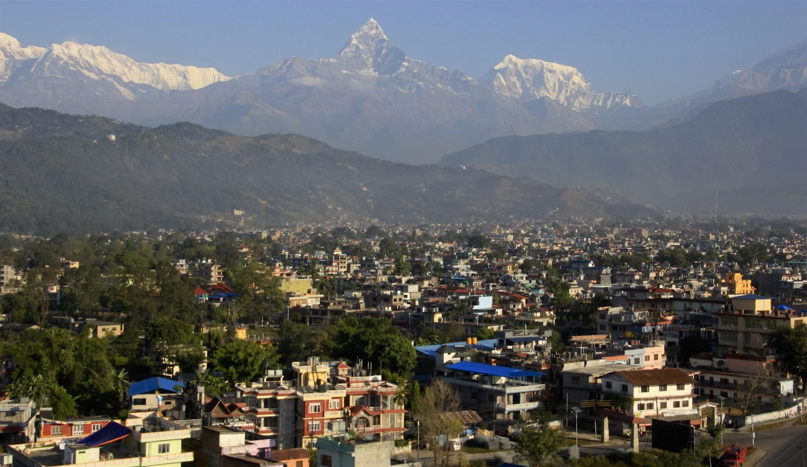 Machapuchare from Pokhara. Pokhara is a beautiful city and very different from the capital of Nepal.