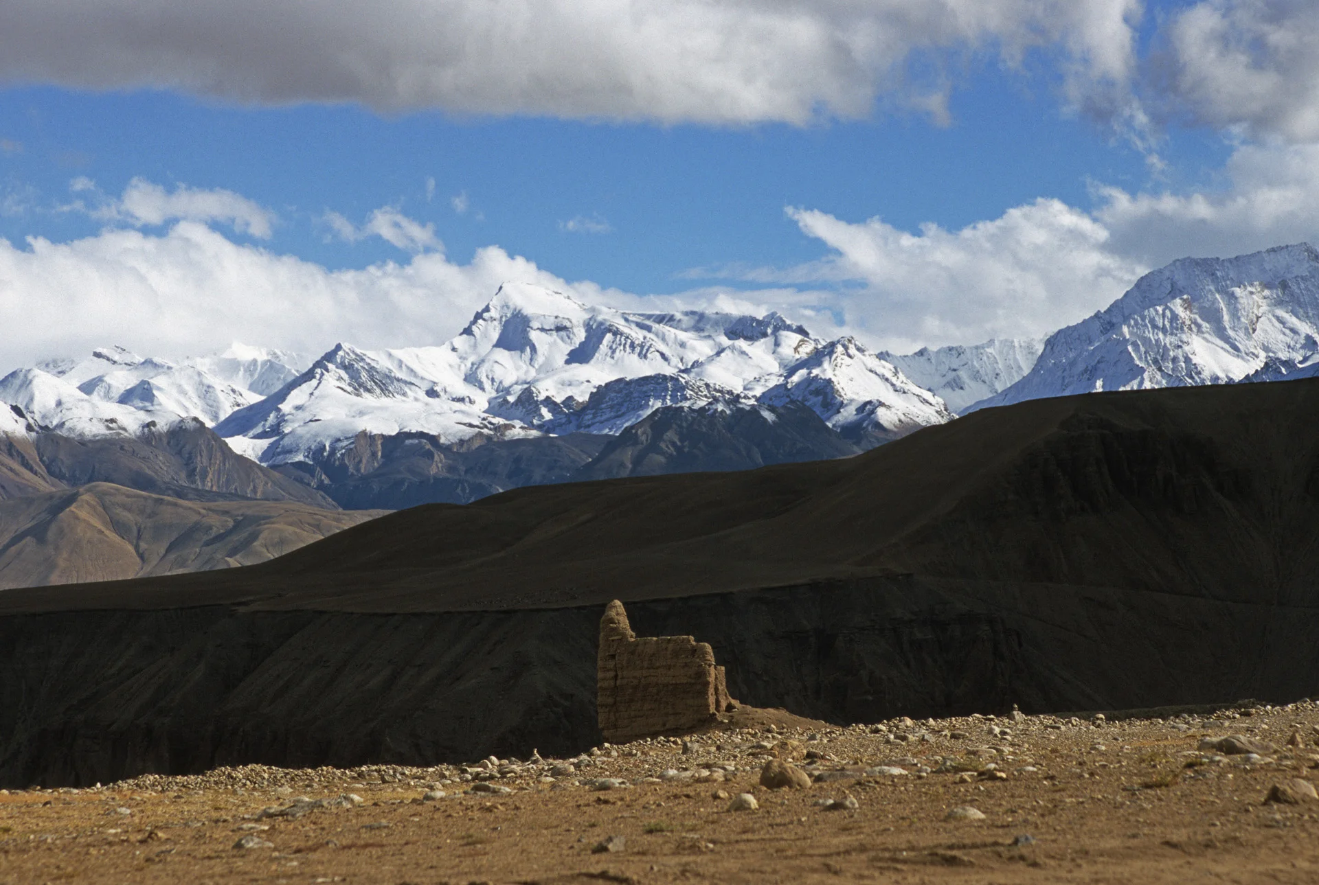 An old stupa and the Himalayas on the border with Nepal, India and China