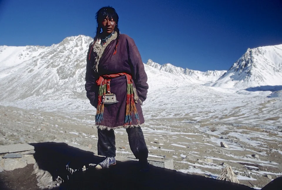 At the Dirapuk Monastery, a typical western Tibetan attire and facial features of the Tibetan Khampa (nomad).
