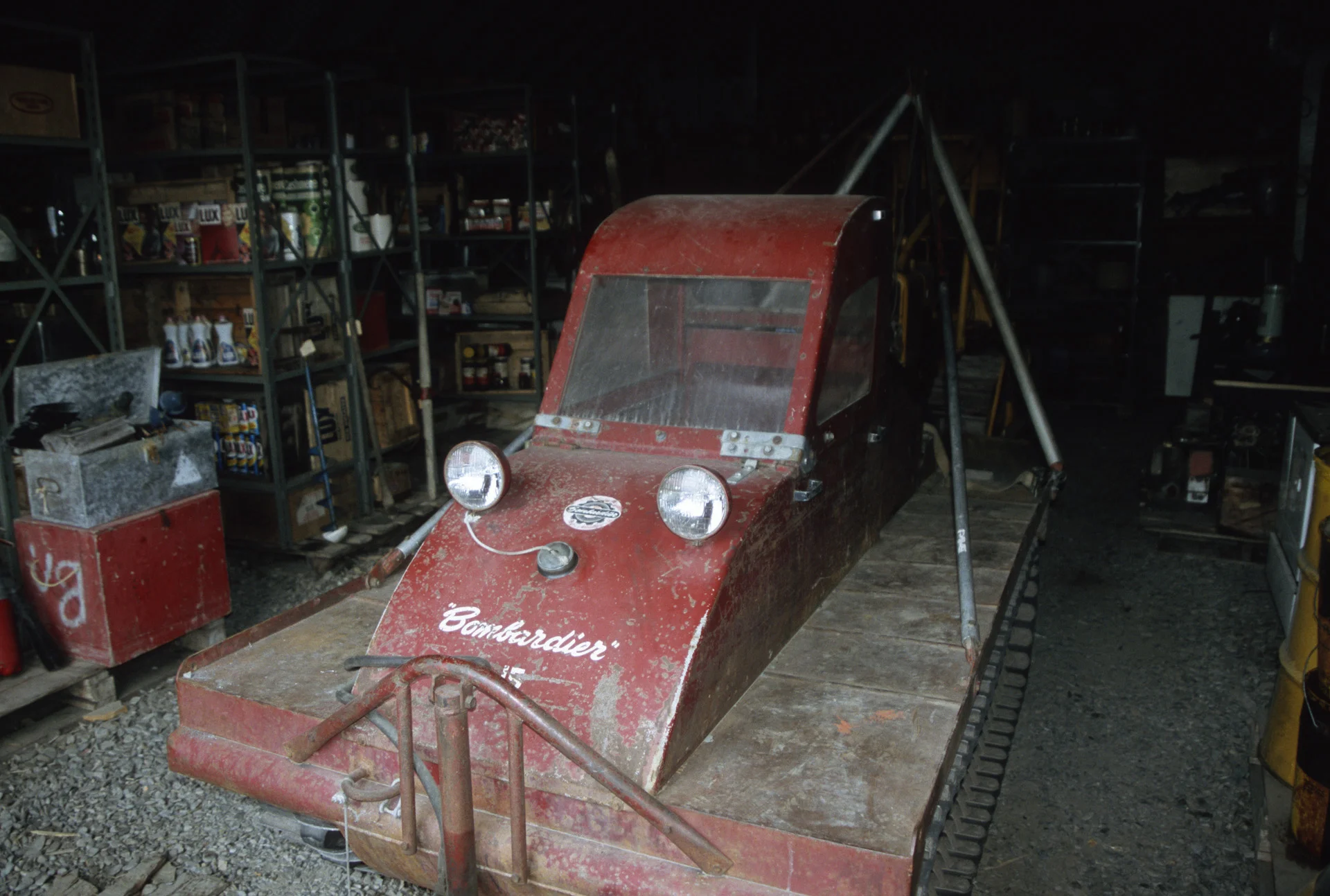 An antique Bombardier snow machine at the Parks Canada camp