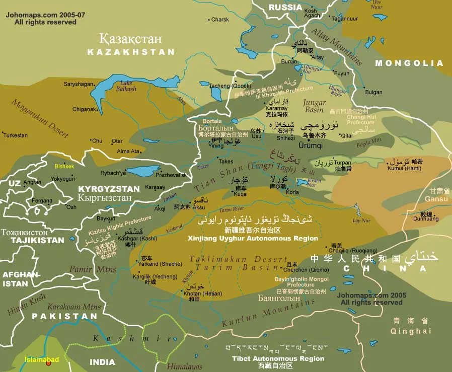 Map of Western China - Xinjiang Uyghur Autonomous Regions