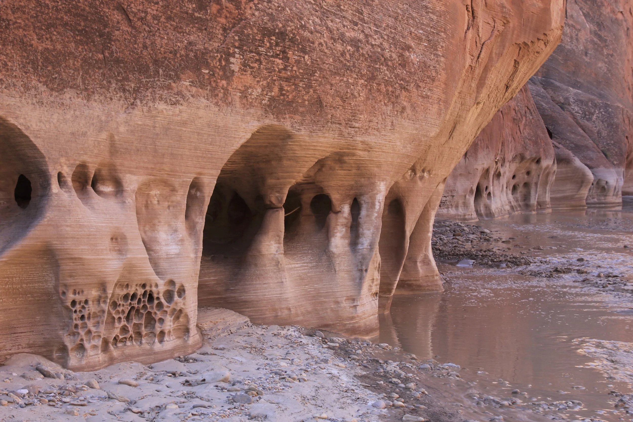 Caverns made by rushing Paria River. When we were there, the river was running at 2 cubic feet per second. We encountered a small flash flood and the river flow increased to 9 cubic feet per second. It was already hard to swim against the current and our packs got washed away. During the severe flooding in July of 2018, the river was punching 10,000 cubic feet per second!!!! Wow!