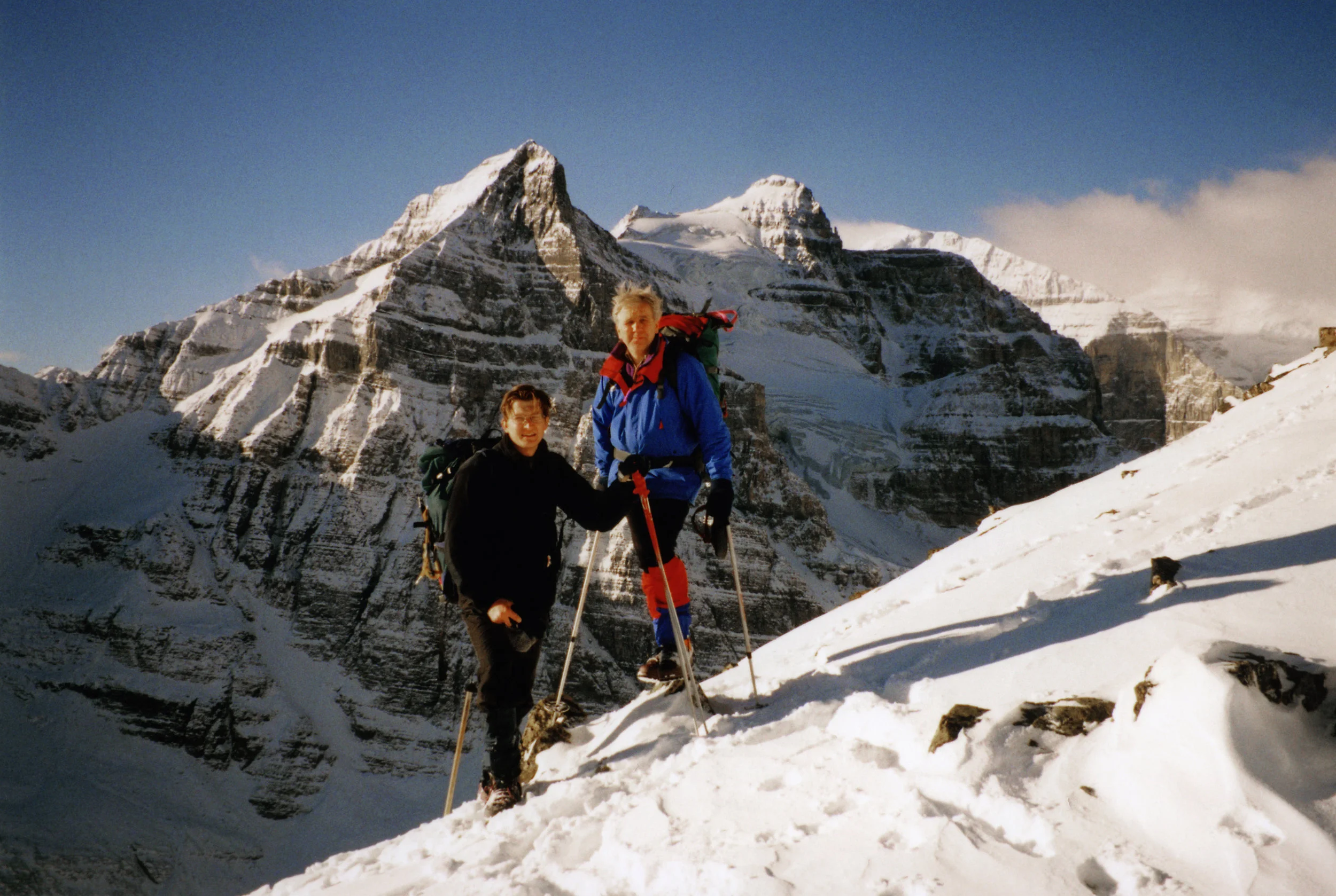 1996, one of my first outings to the fabulous alpine in the Lake Louise area. Mount Aberdeen and Aberdeen Glacier are in the background. Behind Mt. Aberdeen is Mt. Lefroy and Mt. Victoria. Andrzej, the man in the photo with me, is the Polish Himalayan climber from the golden days of Polish alpinism (1980s), full of fantastic stories of, at that time, lands yet to be discovered by me. At that time I could not have possibly imagined in my wildest dreems what would follow and how absolutely fortunate I would be to have the opportunity to do what I am doing. People like Andrzej, among many others have contributed to this wild journey!