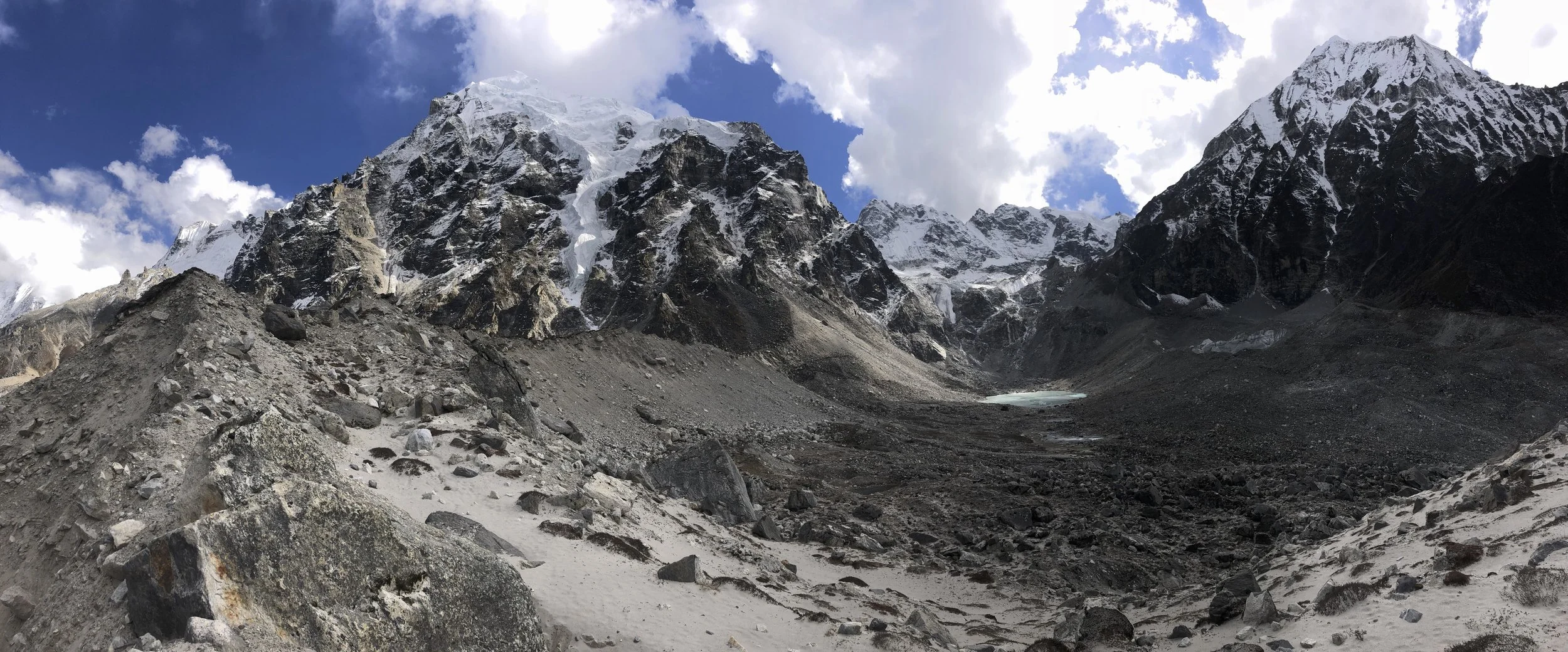 The view from the moraine of the Langshisa Glacier to the high camp of the Tilman Pass.