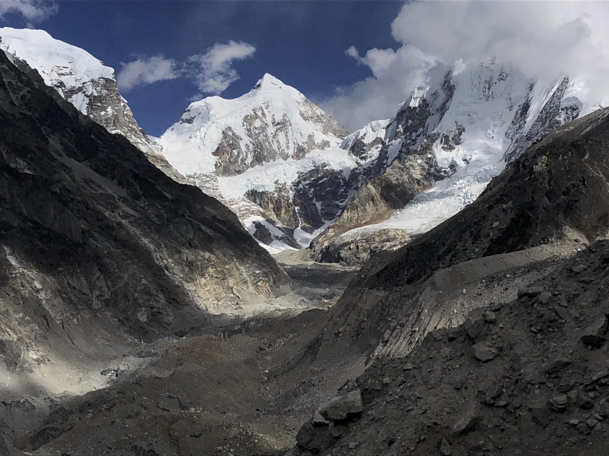Langshisa Glacier. On the left is Gur Karpo Ri 6,892m, in the middle is Loempo Gang 6,979m and on the right is Dorje Lakpa 6,966m.