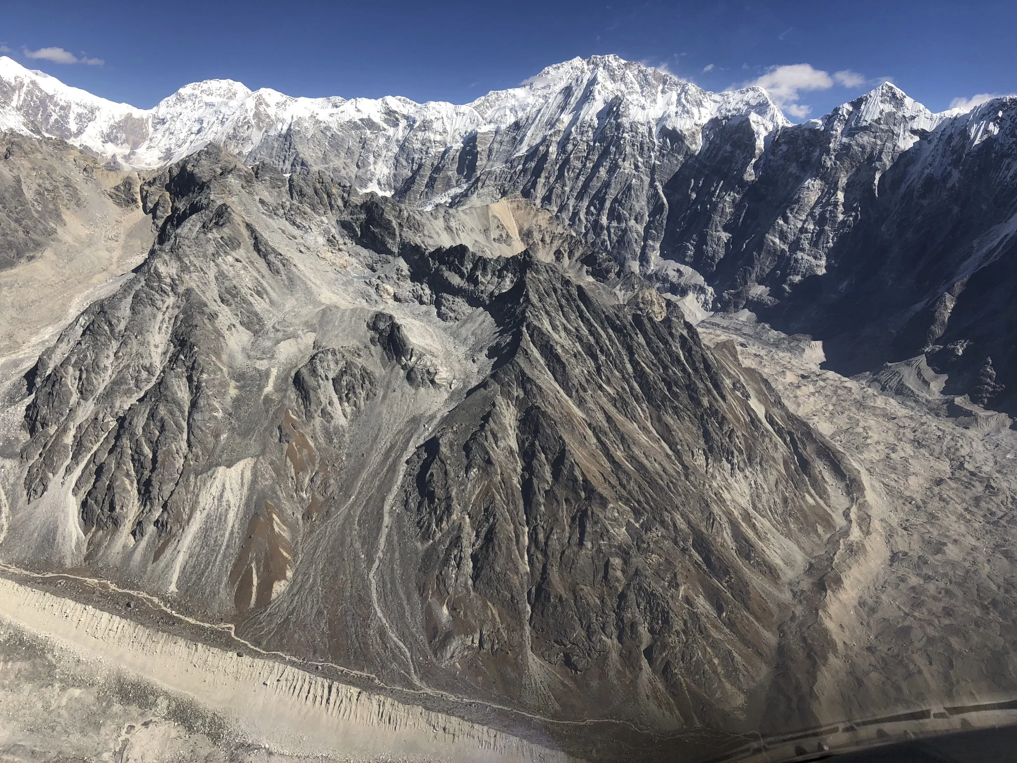 On the left is Shalbachum Glacier, and on the right is the Langtang Glacier with Mt. Shishapangma looming above in the centre.