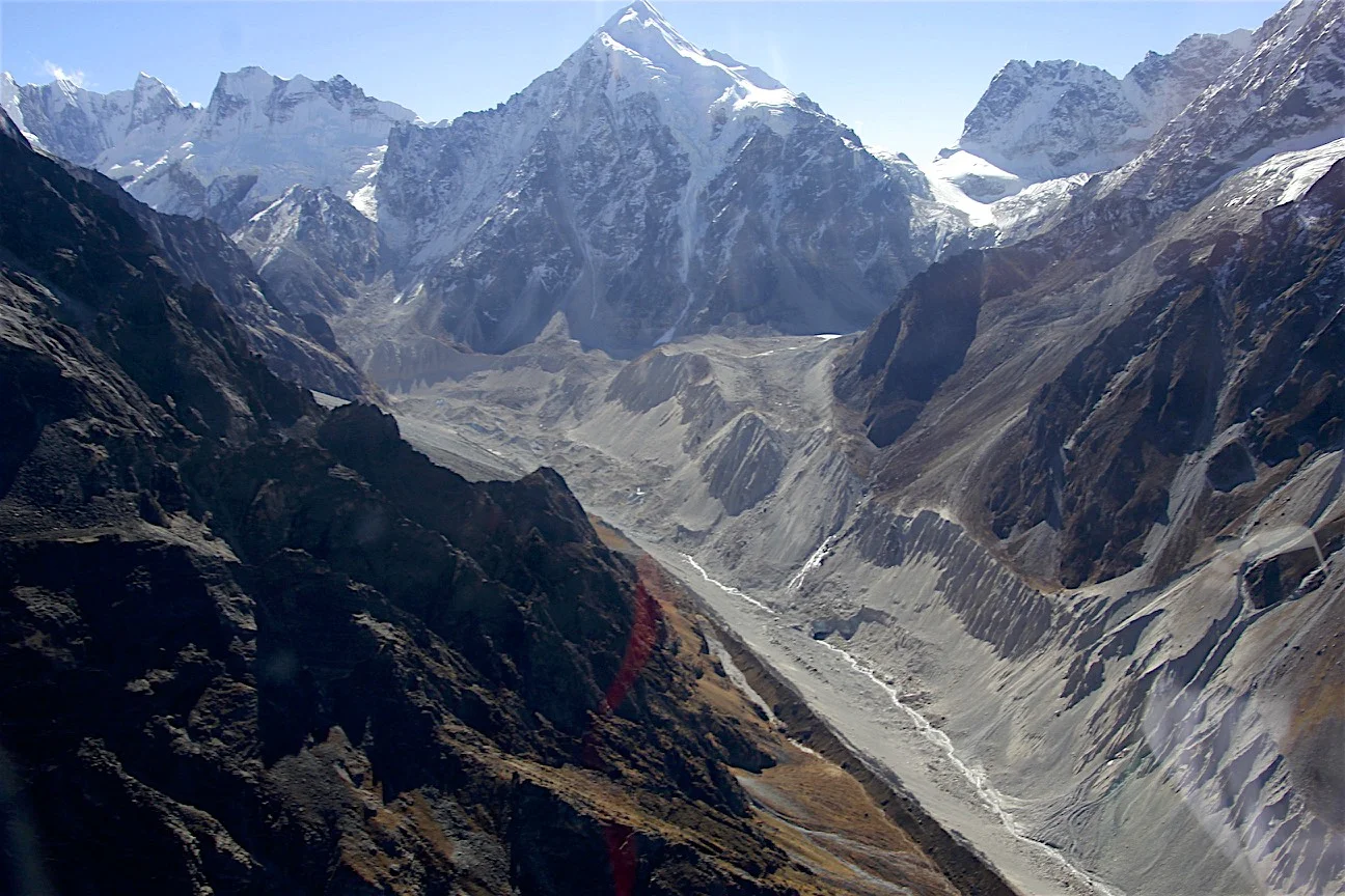 Tilman Pass is on the top right and the Langshisa Glacier is in the middle - our route down from the Tilman Pass.