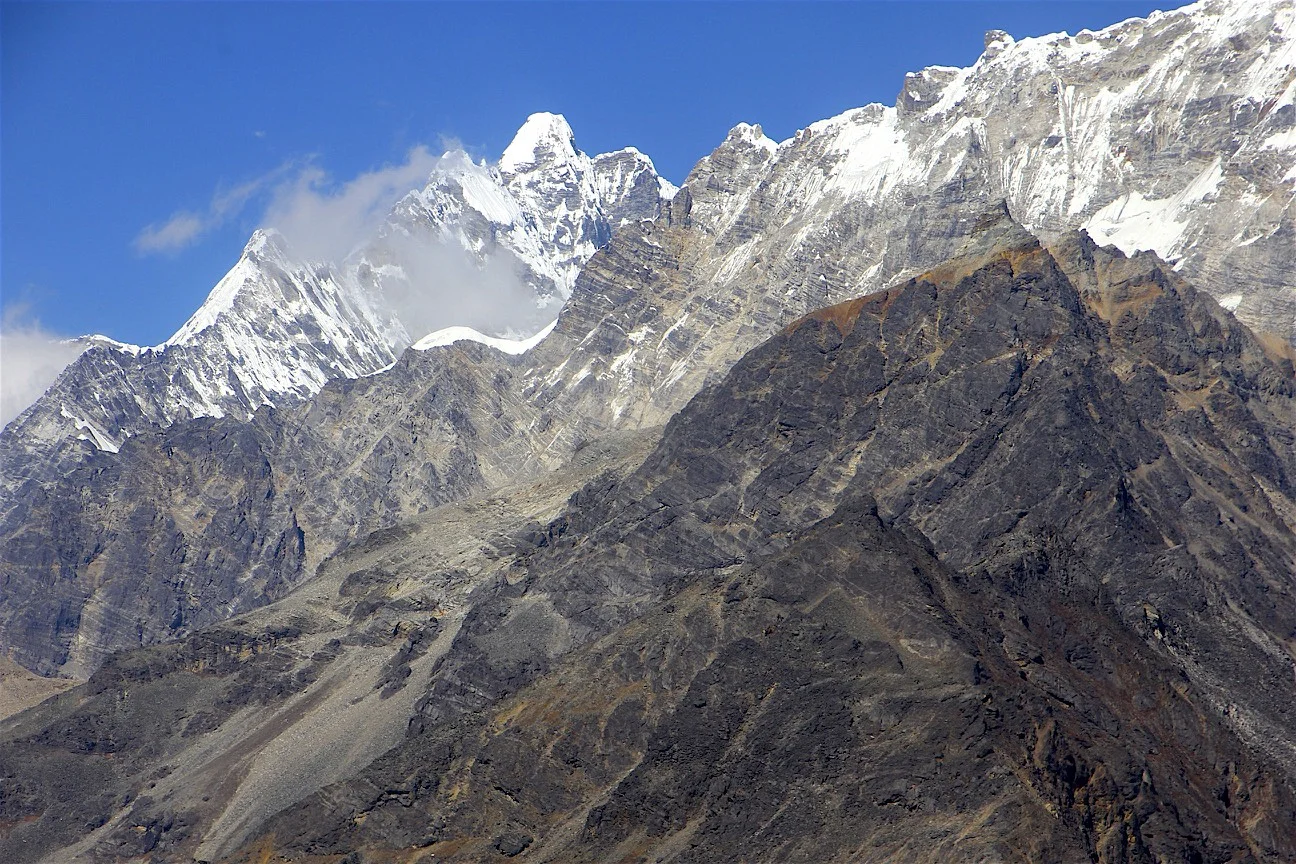 Yala Peak on the right (high point of the rocky ridge) and the Langtang Lirung group on the left.