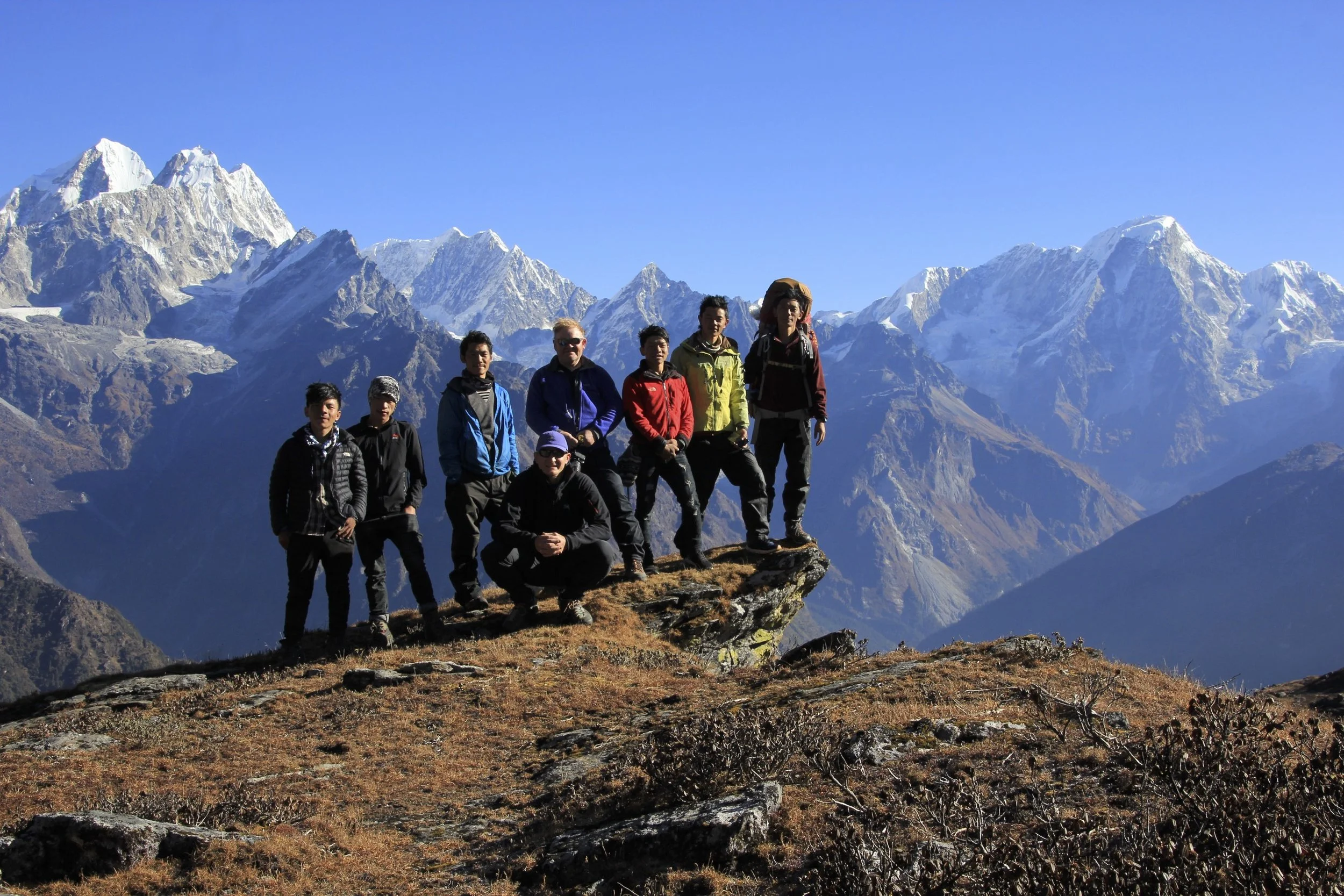 Our entire crew in front of the magnificent panorama of the Jugal Himal from Panch Pokari at 4,250m.