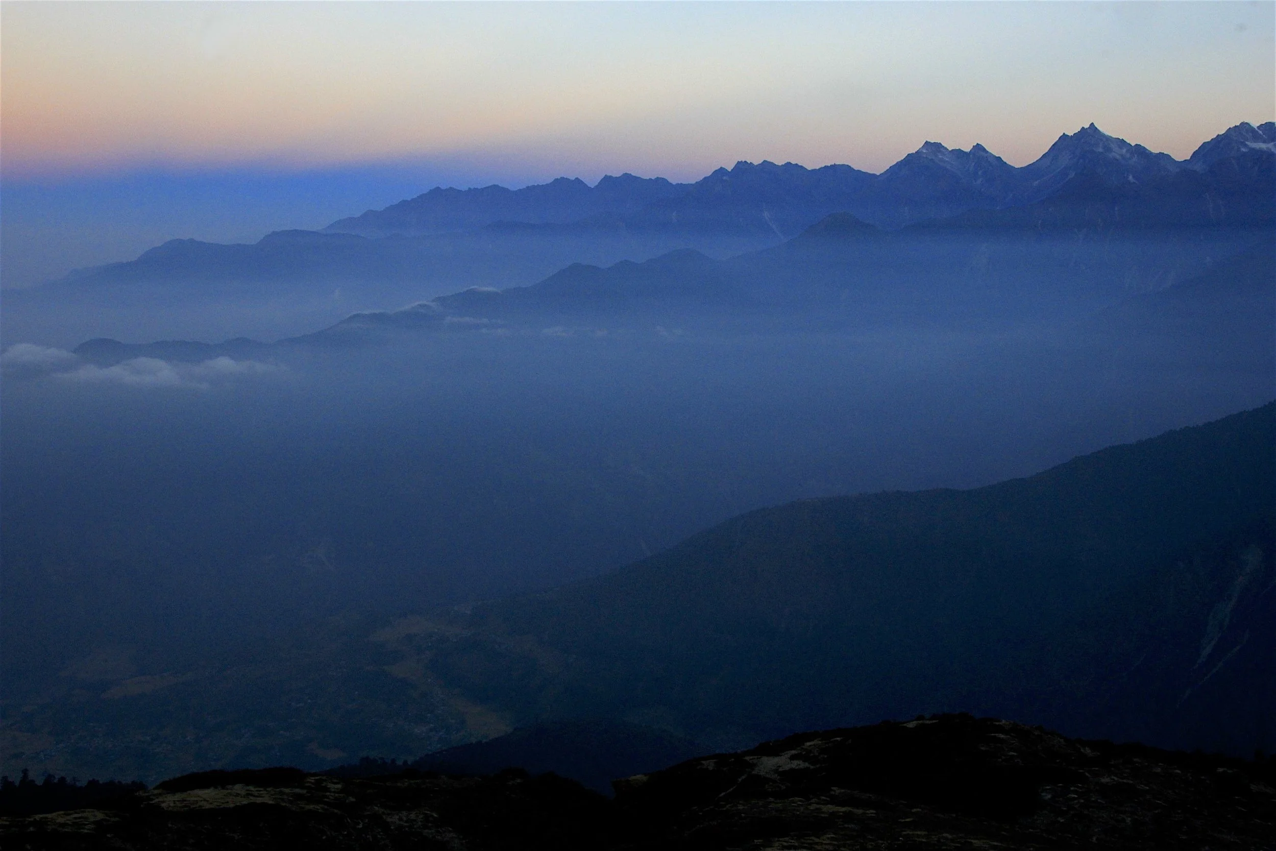 Beautiful sunrise over foothills of the Himalaya. This region is called Helambu.