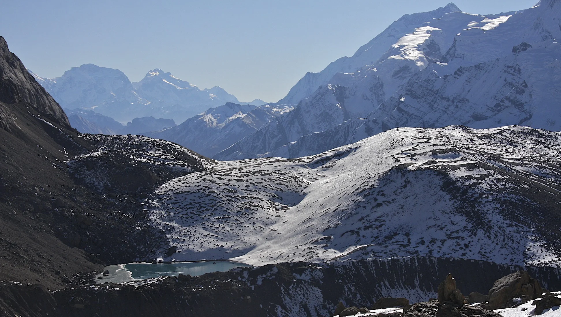 Looking back from Mesocanto Pass at the Manaslu Himal (left) and the Annapurna Himal (right)