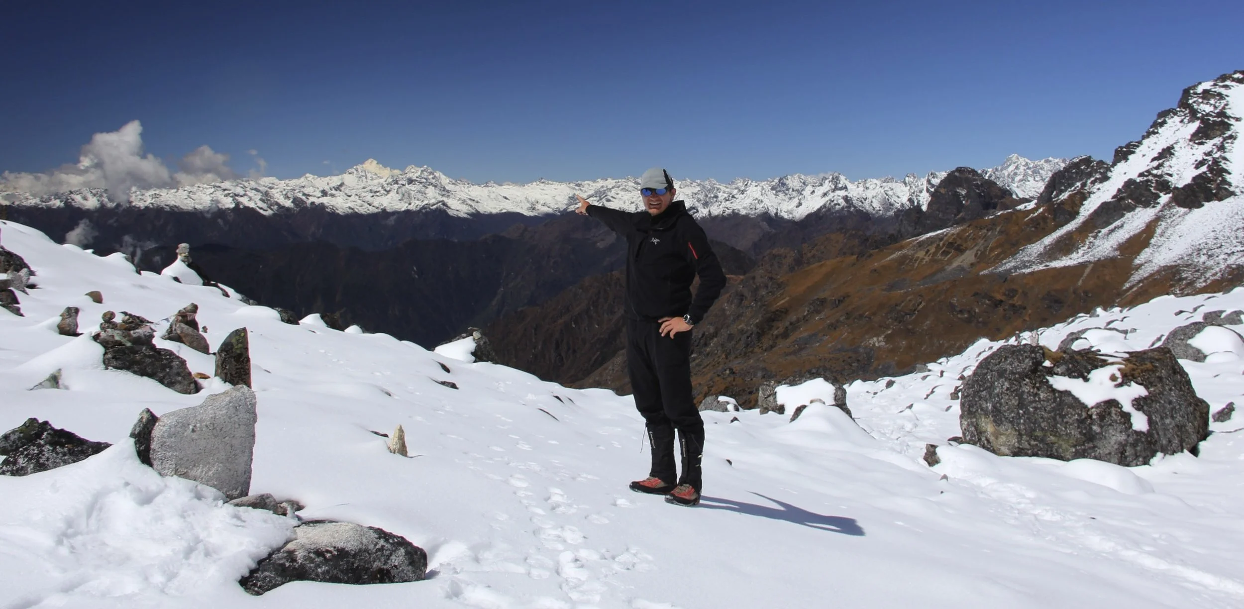 Selele La Pass 4,480m. I am pointing at Mt. Makalu where I was the year before.