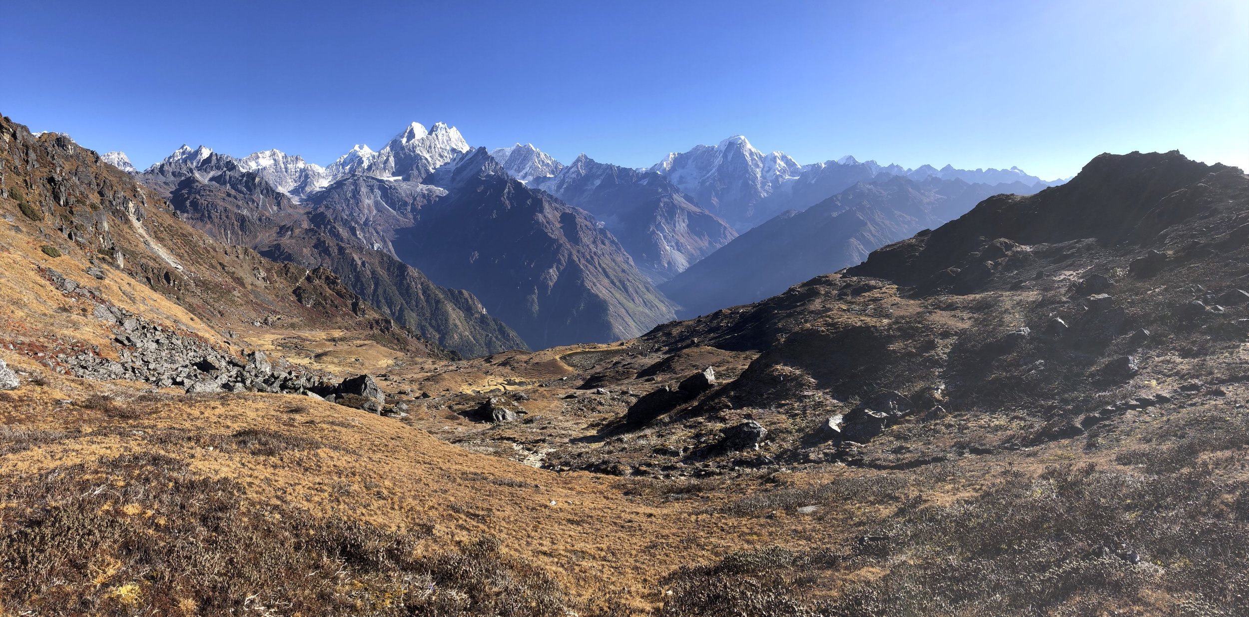Beautiful view from the ridge above Panch Pokhari. The Langtang and Jugal Ranges are on the horizon 30km away.