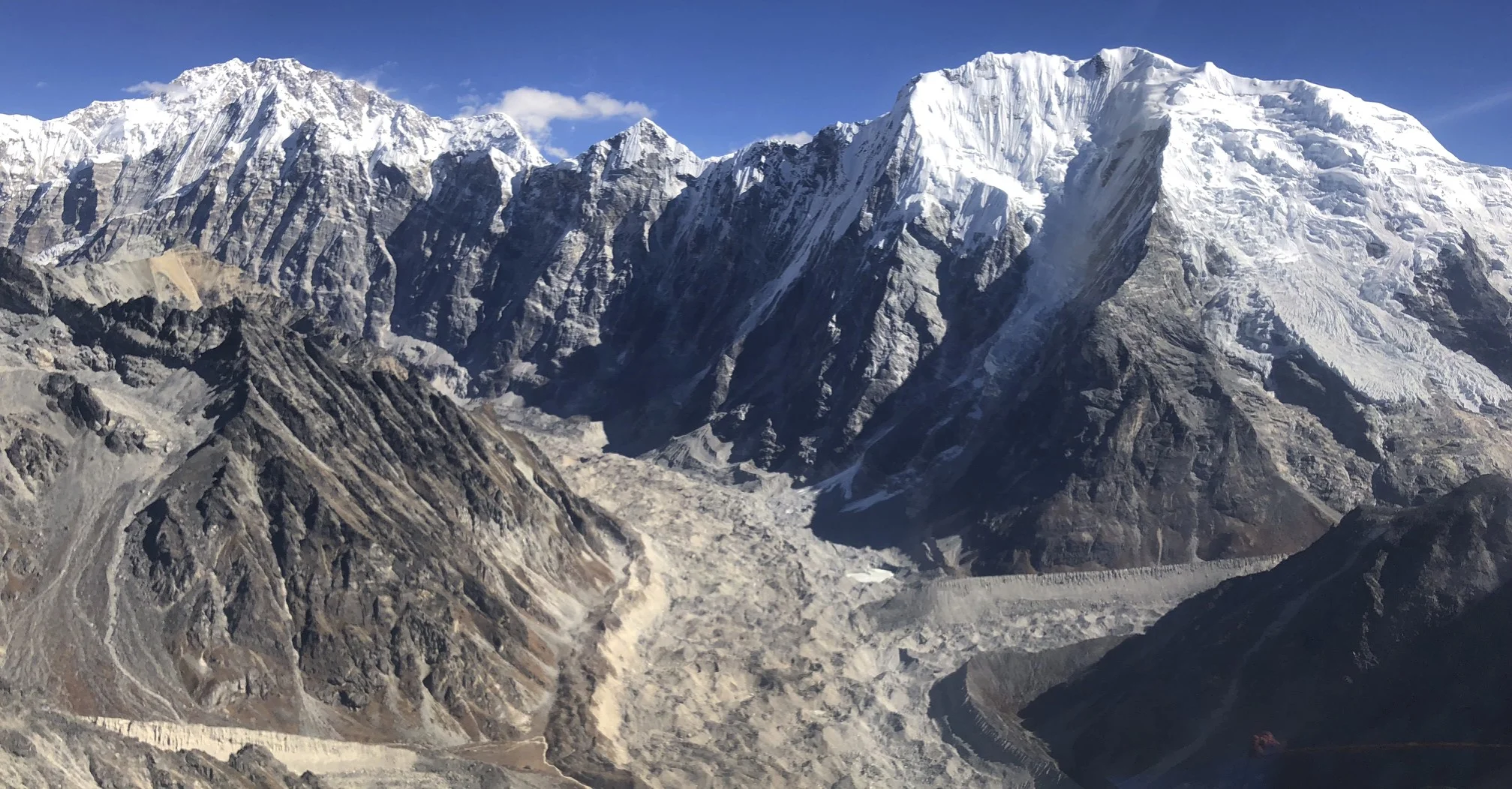 The Langtang Glacier, Mt. Shishapangma far away (on the left) and Mt. Pemthang Karpo Ri (22,500ft) on the right.
