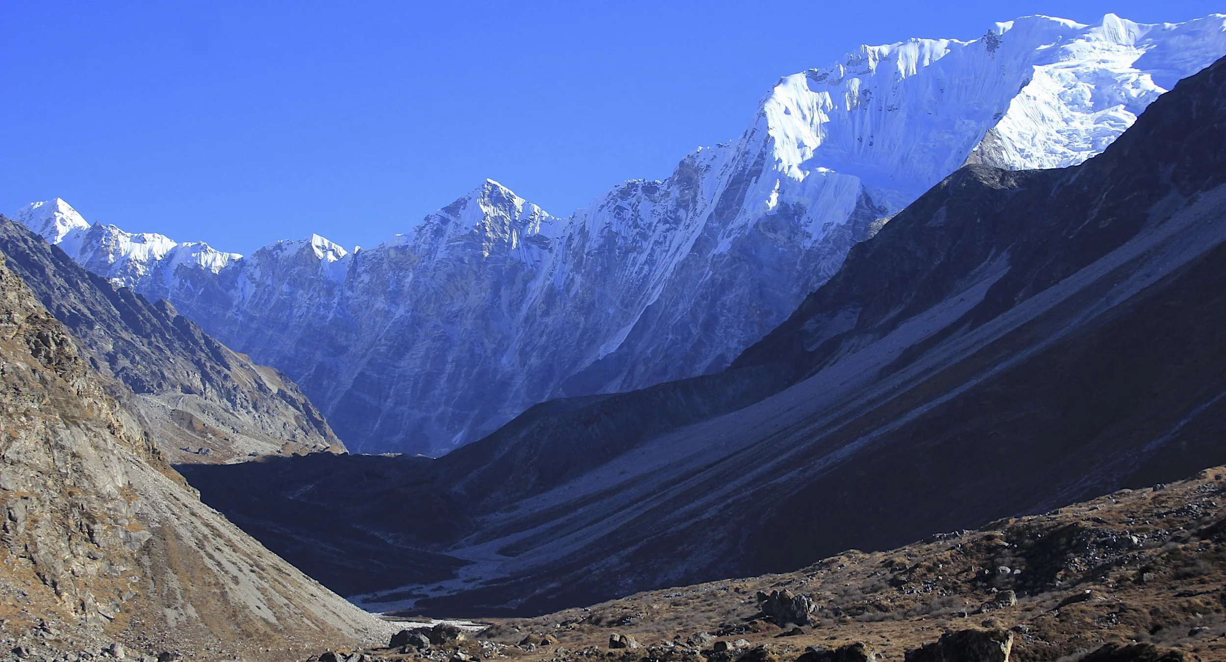 Looking towards Langtang Glacier from Langshisa Kharka. We went all the way to the distant ridge 10-15km away! Pemthang Karpo Ri is on the right.