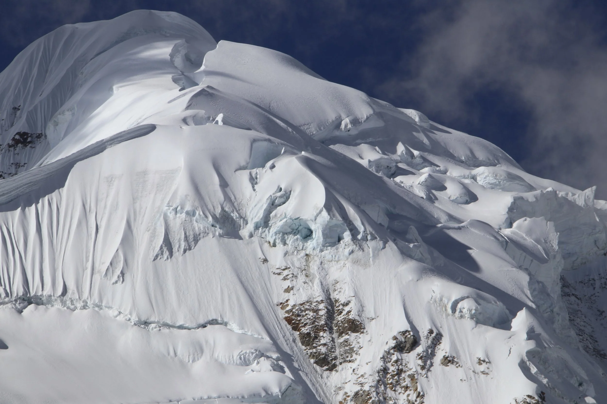 The upper section of Illampu. The glacial changes make the climbing more challenging,