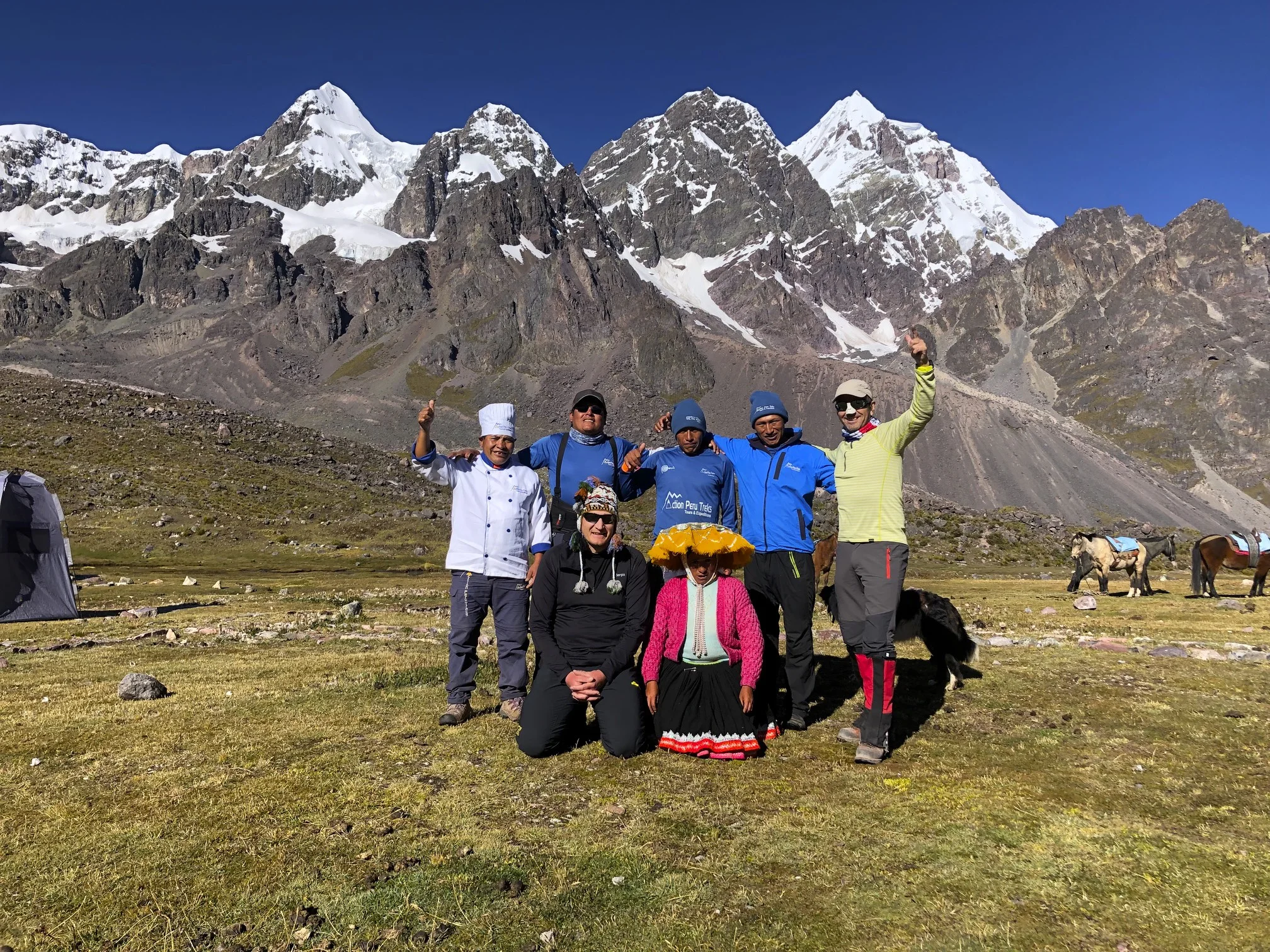 The Action Treks Peru team. Note our Chef in a very formal outfit. His meals were of restaurant quality and I can honestly say that I have never had better meals on any treks in the past 20 years!