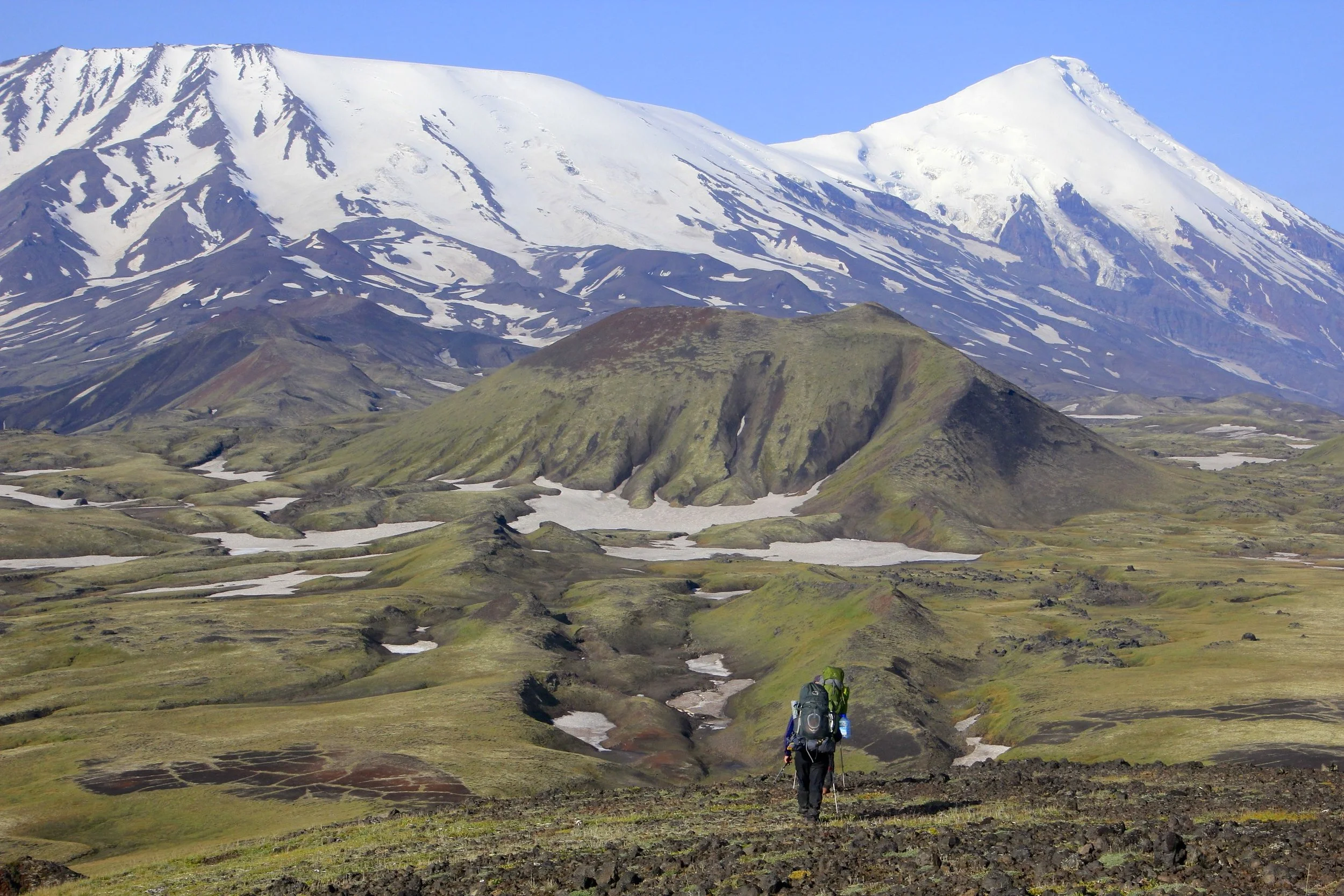 Hiking down from the Tolbachik Pass.