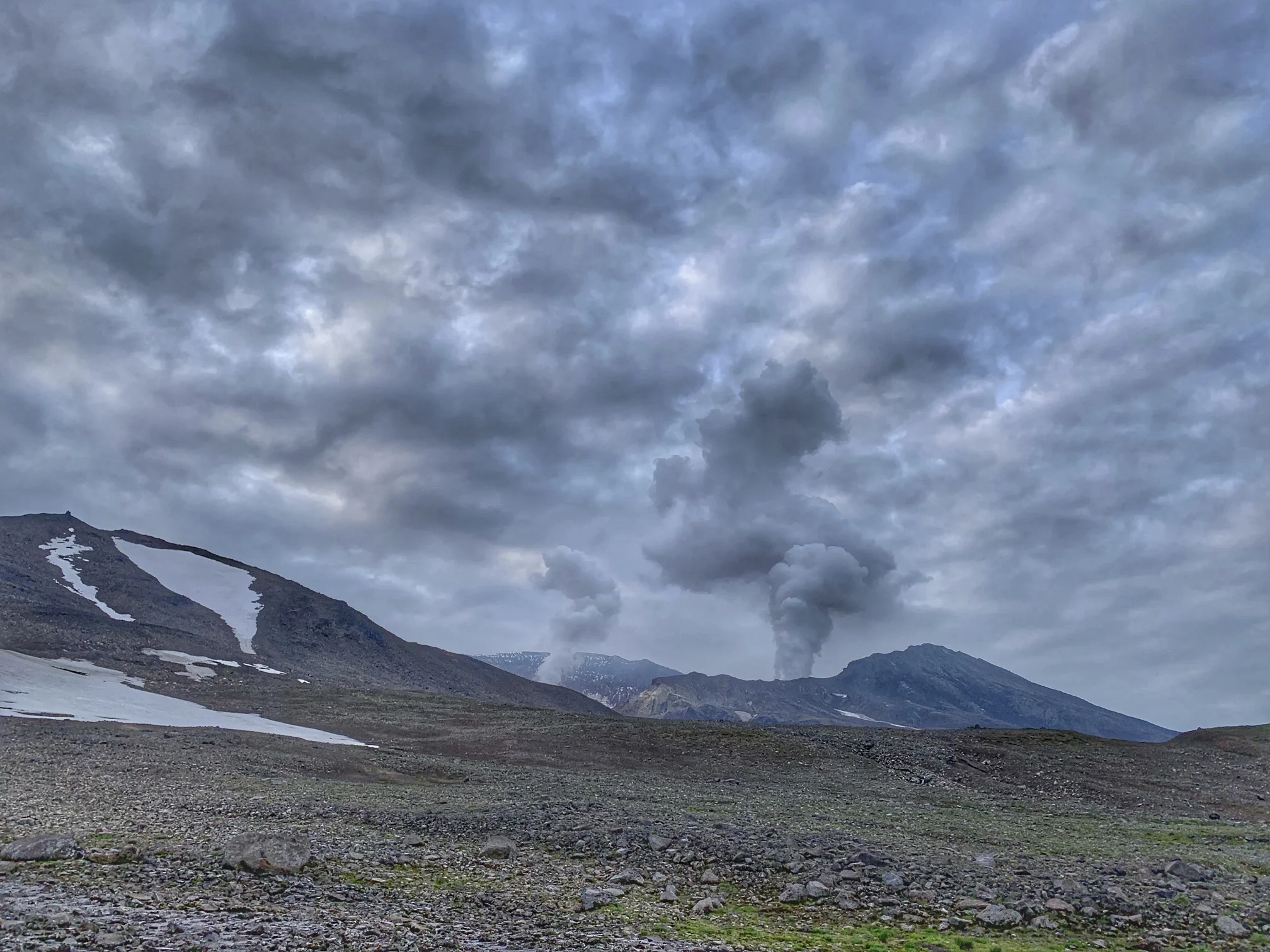 The Mutnovsky Volcano has a complex structure. It is really formed from four separate stratovolcanoes with a common top and a double crater of 2 x 1.5km in size. The Vulkannaya River broke through the wall of the crater creating a gorge and provided an access point to the inner crater.