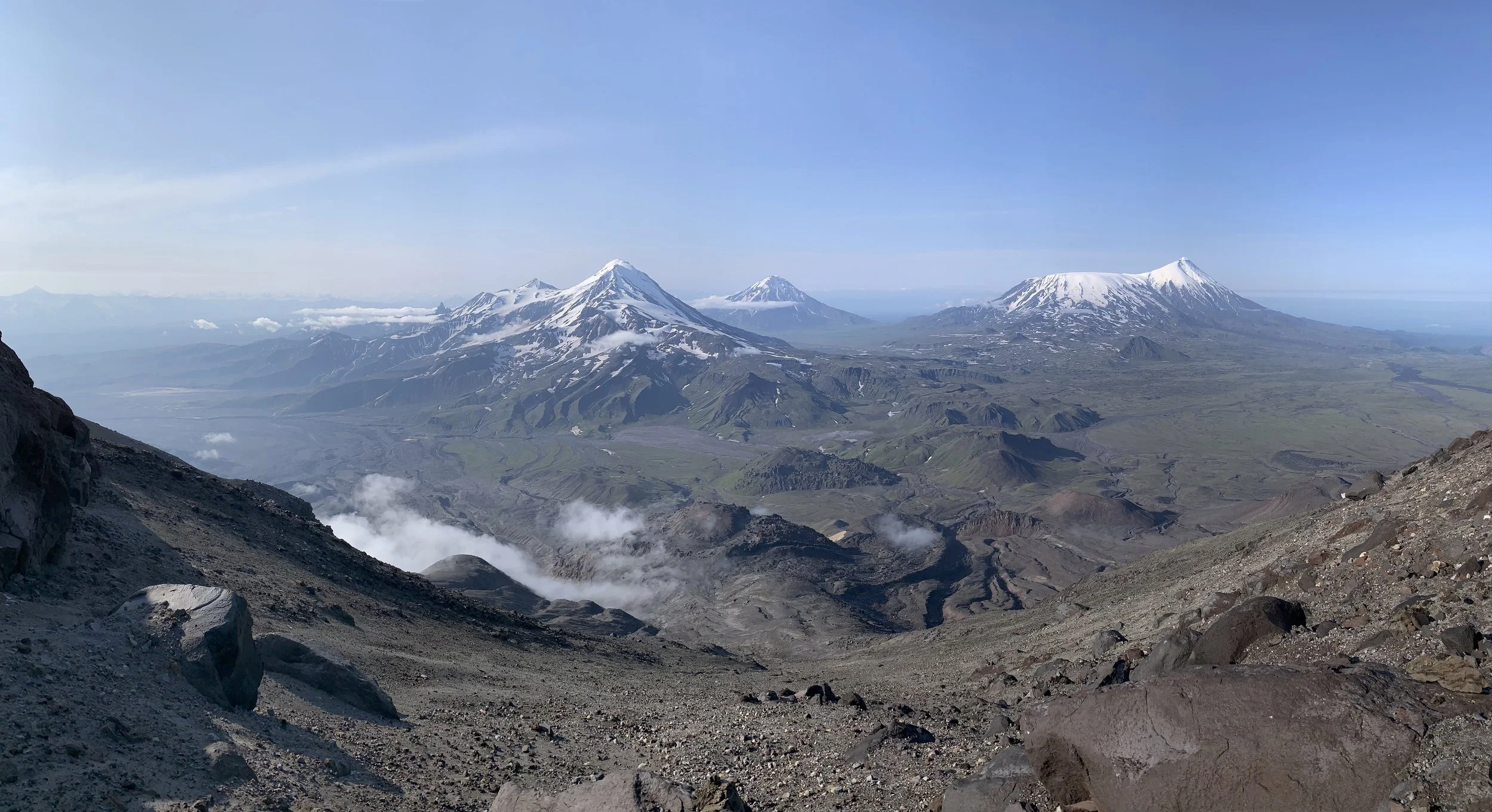 View over the park and half of our trekking route. We basically started on the extreme right and circled the Tolbachik Volcanoes (the mountain on the right).