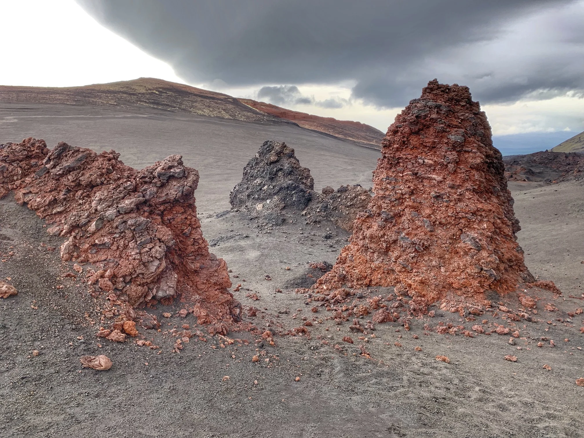 The volcanic plugs sticking from the field of ash.