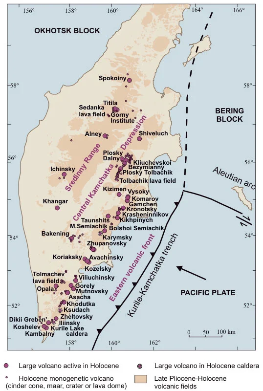 On the Kamchatka Peninsula, there are over 200 volcanoes, 30 of which are active and erupt frequently.