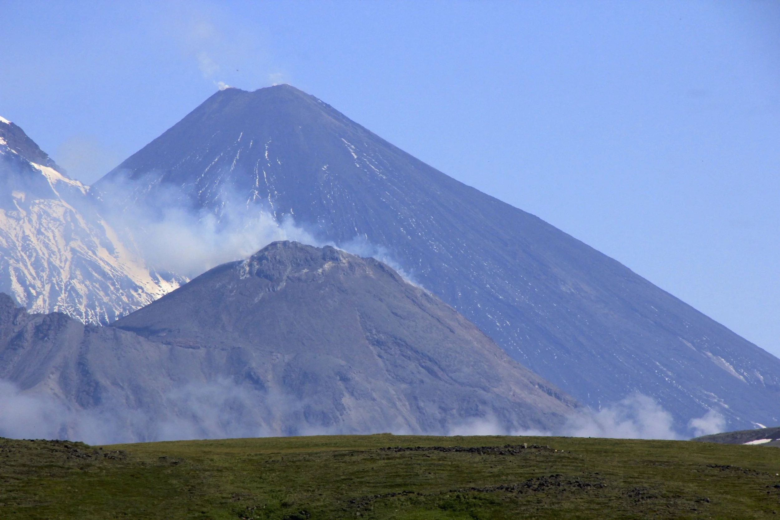 The 4,750m high Kluchewskaya Volcano is the largest volcano in Eurasia. It is the most powerful and most productive in Kamchatka. It erupts 60 million tons of rock per year! Powerful eruptions occur every 25 years. The volcano started growing from 1,700m 3,000 years ago. Now it is 4,750m high.