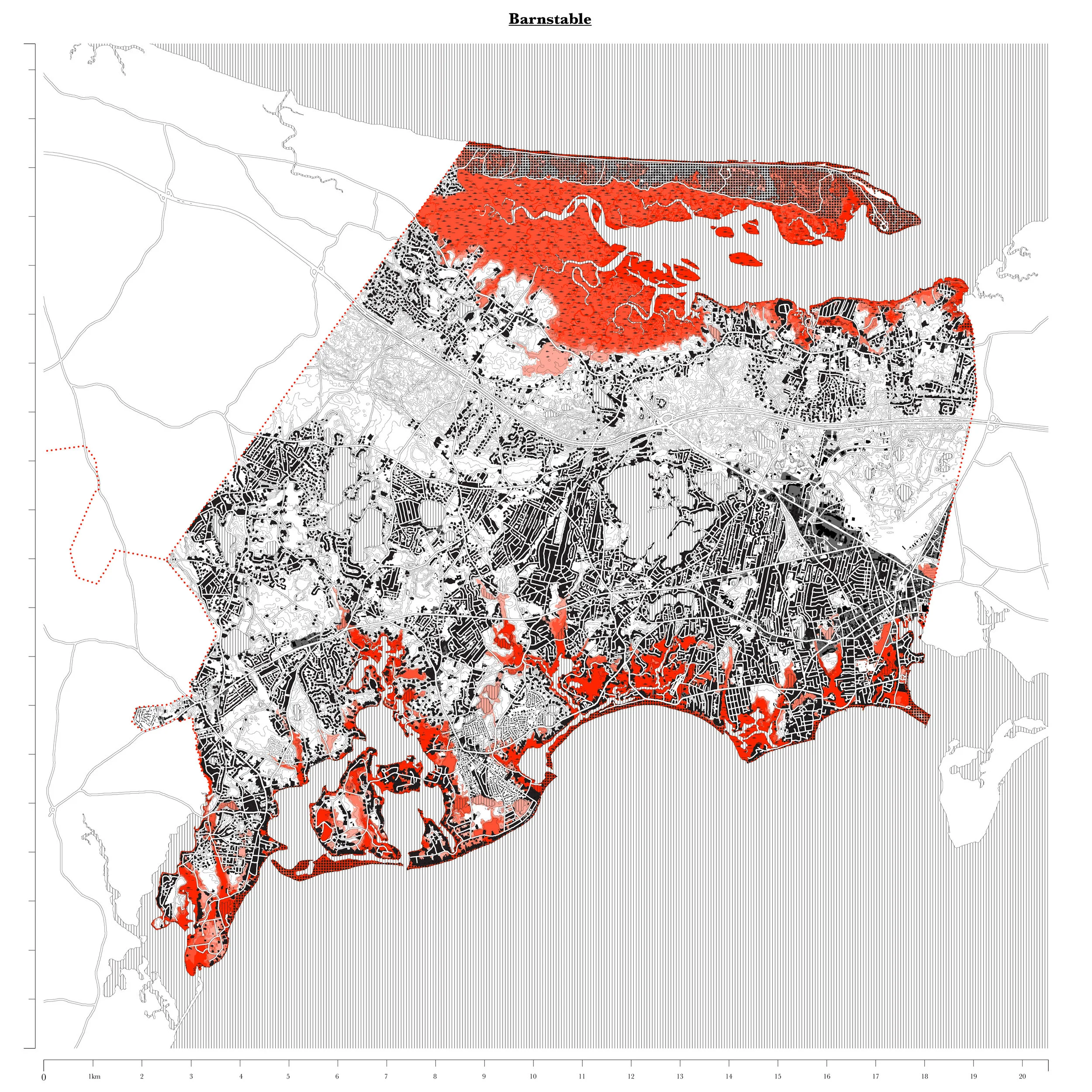 Barnstable, Massachusetts. Extent of FEMA flood zones (storm surge projections) shown in red.