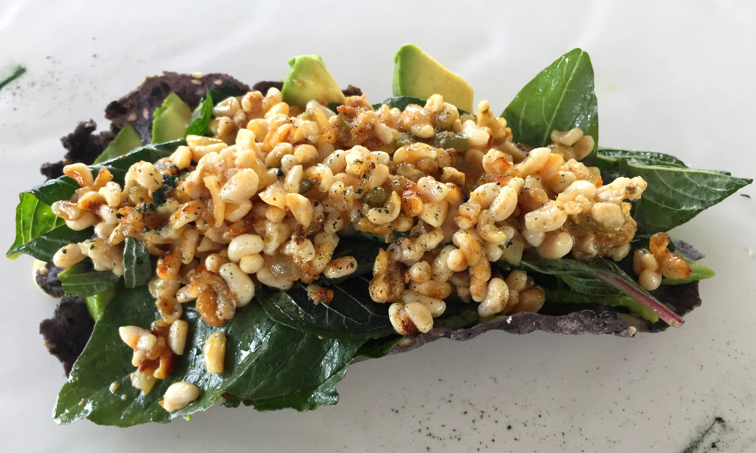 A tostada de escamoles, which are ant eggs i.e. Mexican caviar