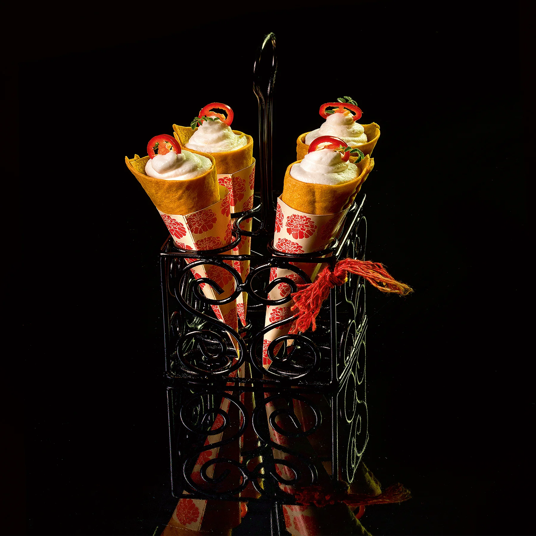 Baingan Bharta Cornettos, Fresh Feta Yogurt, Image by Rohit Chawla for Indian Accent