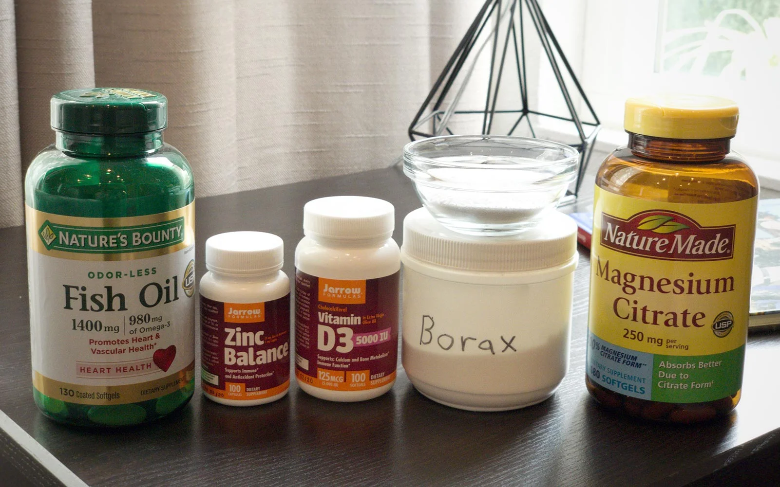 From left to right - Fish Oil, Zinc Balance, Vitamin D3, Borax, Magnesium Citrate