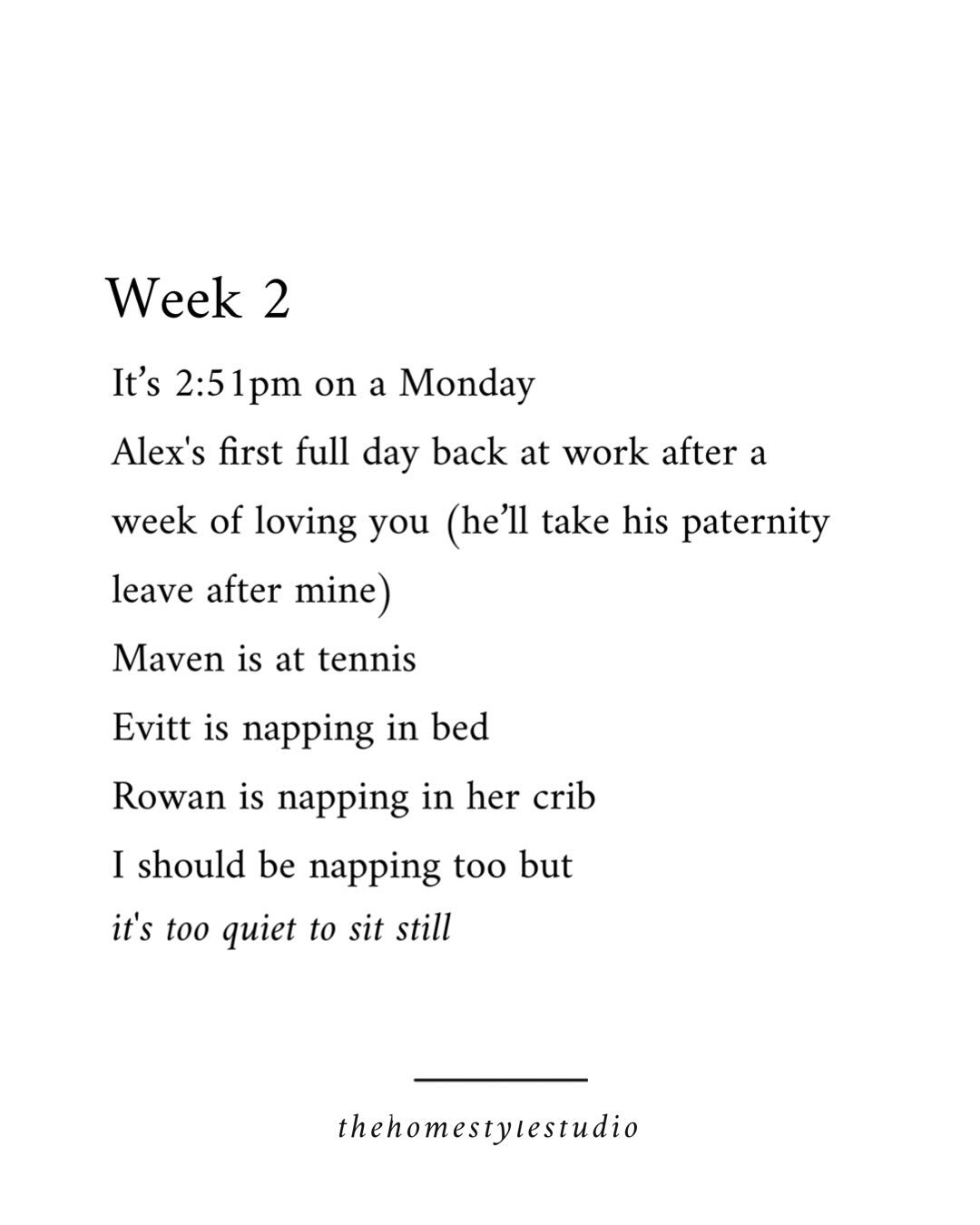 It was a hard week of very little sleep and upended routines. Alex is back at work and handling all pickups and drop-offs. I&rsquo;m taking both AM and PM shifts with Rowan.

Evitt is home with us too which I really love for him. He&rsquo;s not getti