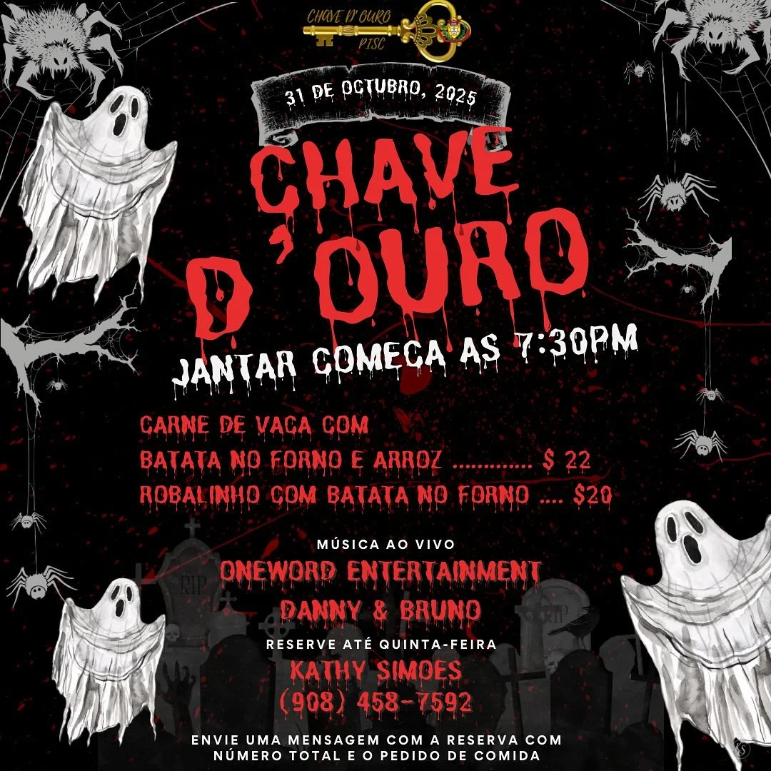 🇵🇹: JANTAR DE HALLOWEEN NA CHAVE D&rsquo;OURO! 👻🎃 Junte-se a n&oacute;s para uma noite misteriosa e deliciosa, cheia de boa comida, m&uacute;sica ao vivo e um ambiente t&iacute;pico de Halloween! 🕷️🕸️
As reservas podem ser feitas at&eacute; qui