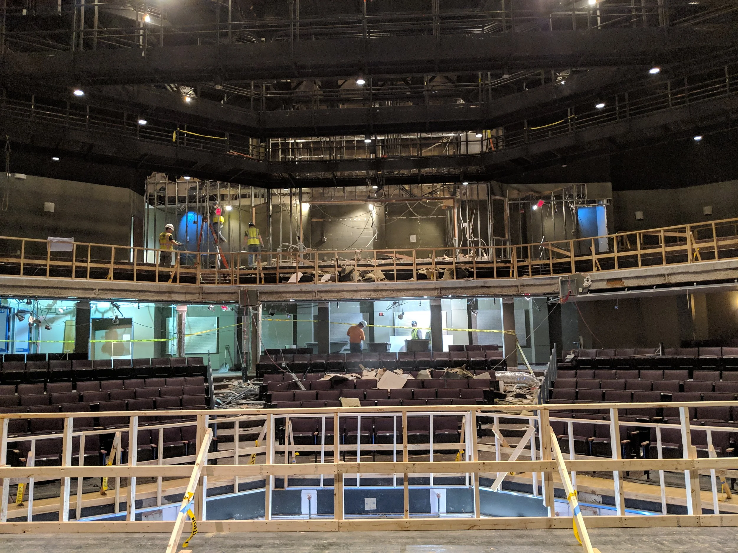 January 2019 - The view from the stage is very different now! The control booth walls up in the balcony have been torn down, as well as the walls in the back of the house.