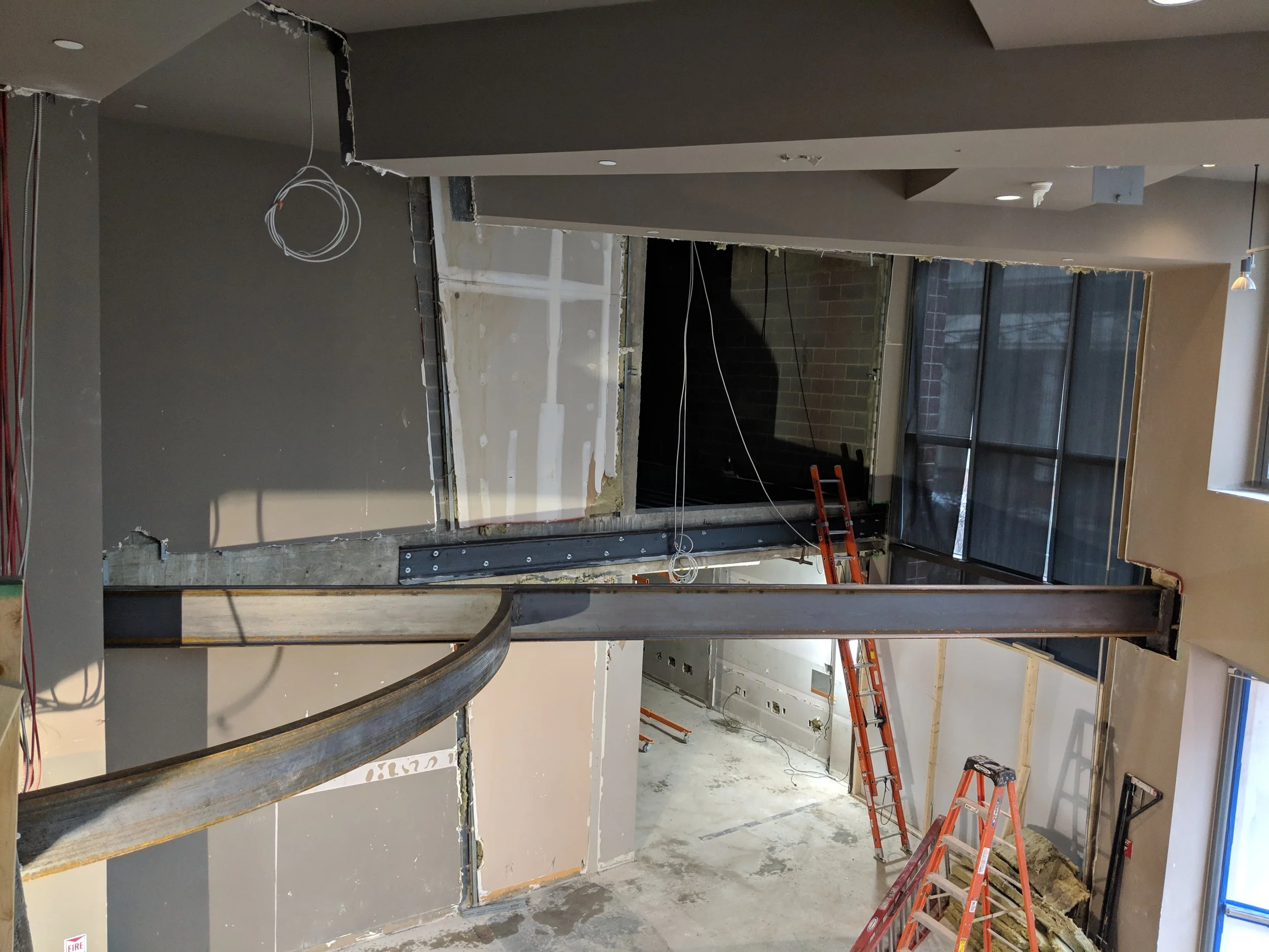 February 2019 - Similar to other places in the theatre, steel beams were installed above the Box Office to provide support for the new walkway and Artistic Wing.