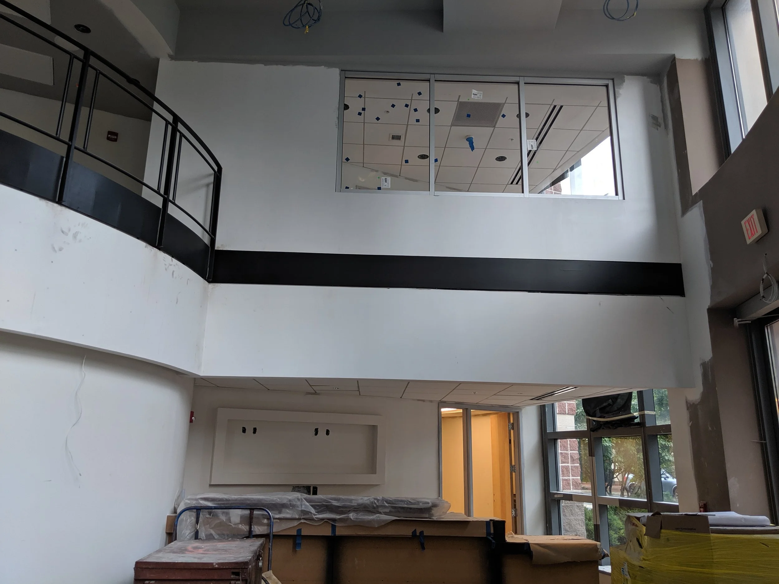 July 2019 - The Box Office and Artistic Wing are heading into their final stages. Next, the wood veneer will be installed to cover the drywall.