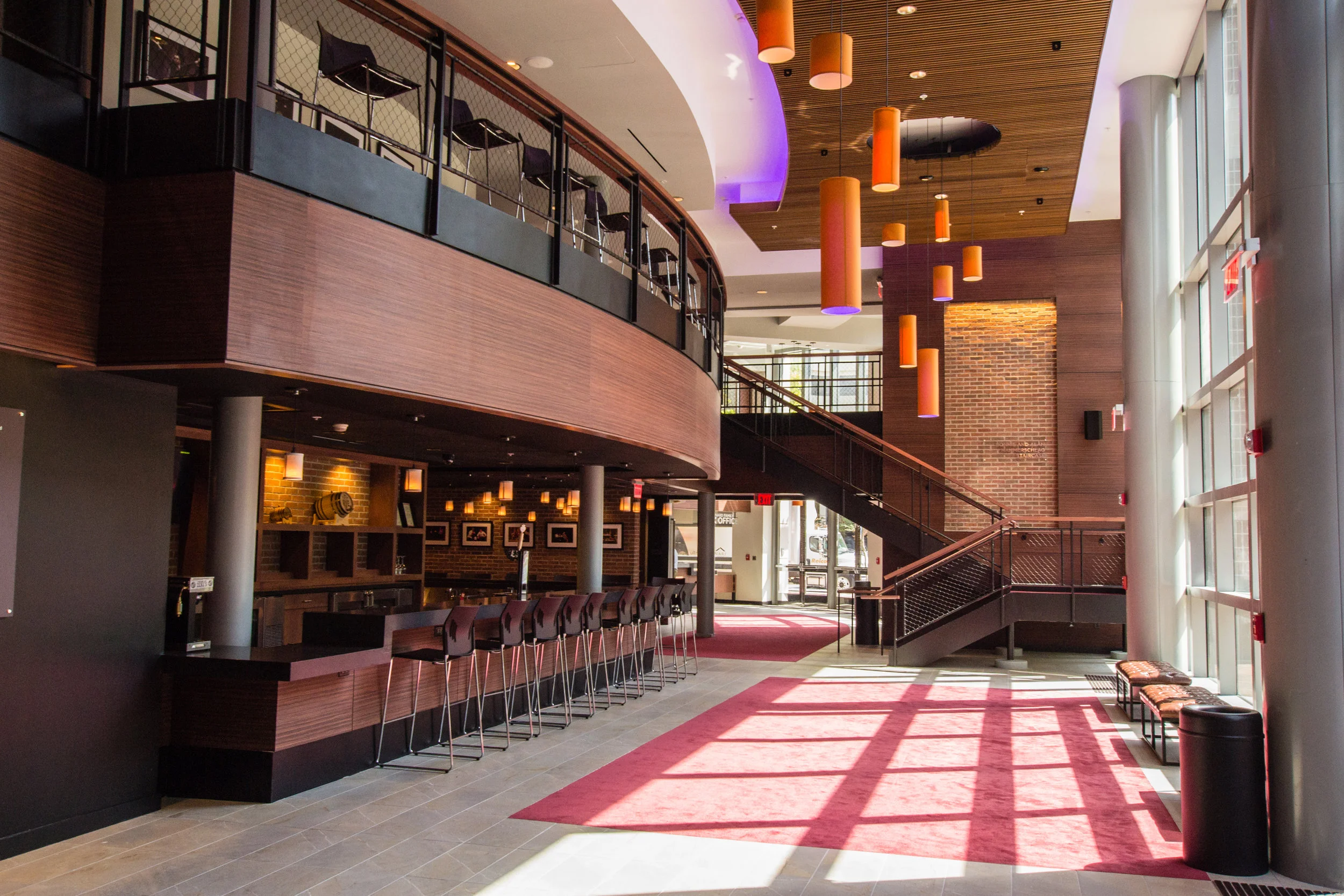 August 2019 - The new Fourth Wall Café (left) and lobby staircase.