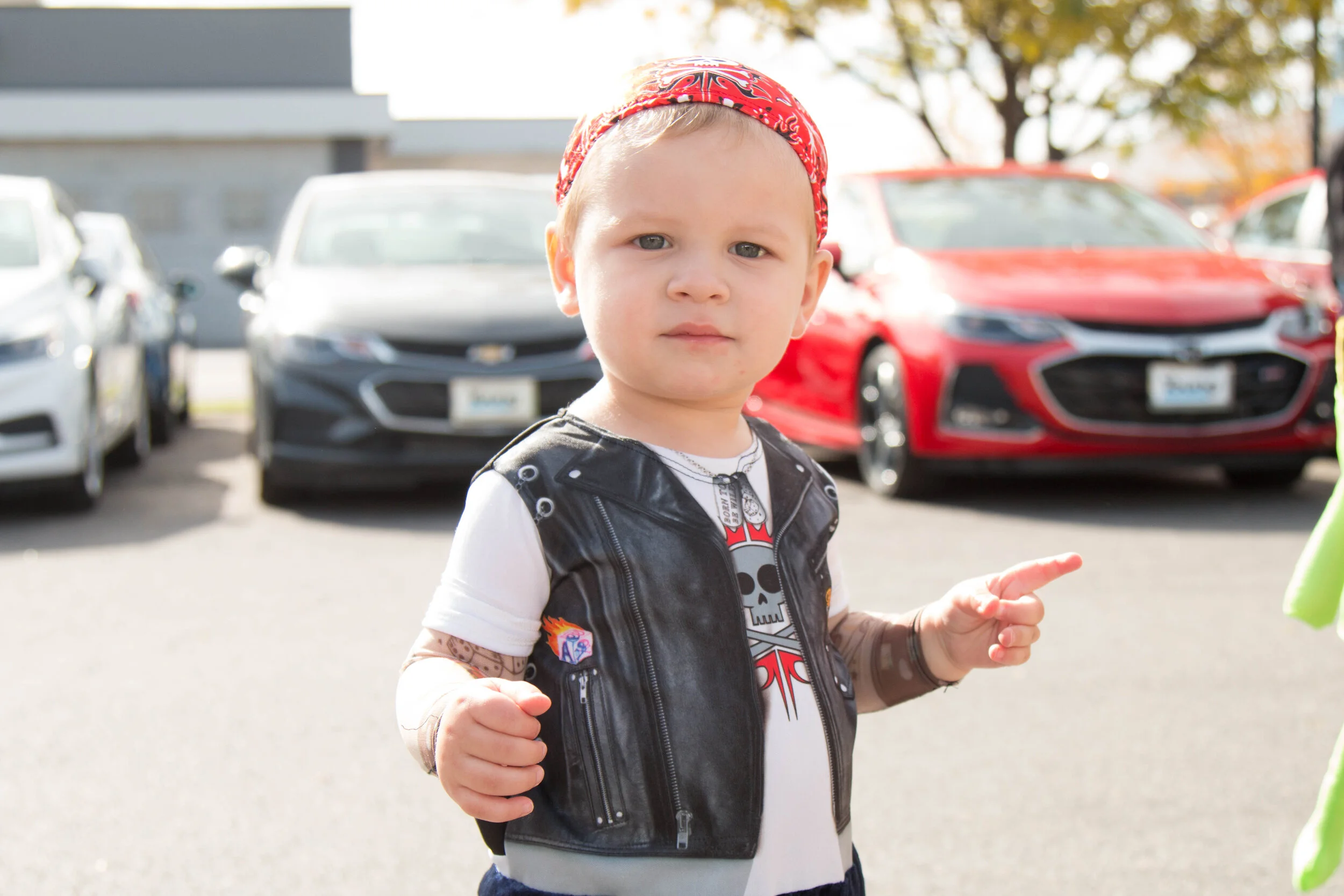 Tough biker kid at Trunk-or-Treat.