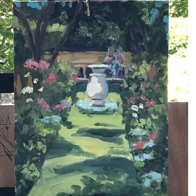 A lovely plein air painting featuring the Shakespeare Garden.