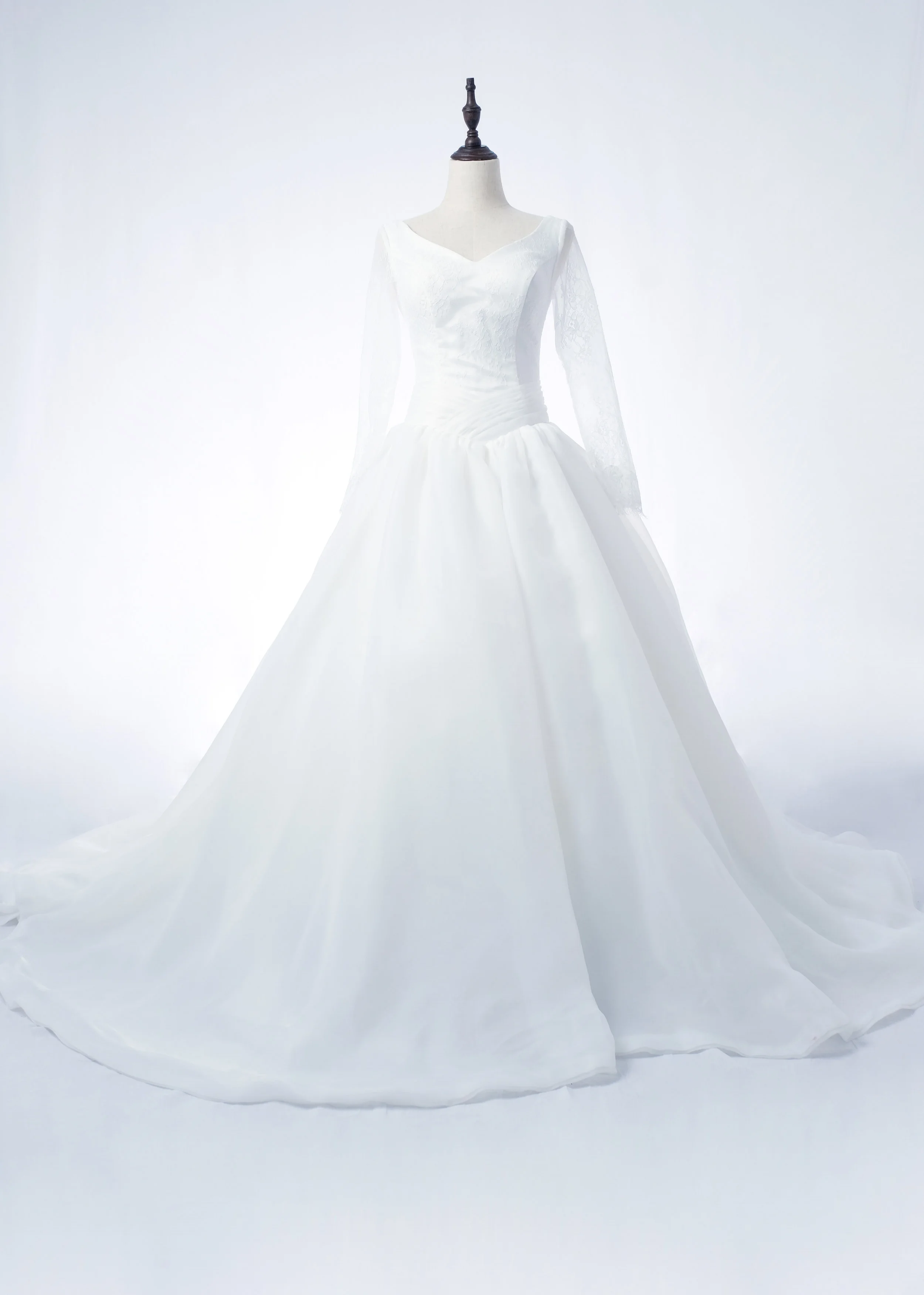 wedding bridal ballgown with lace sleeve and cathedral train