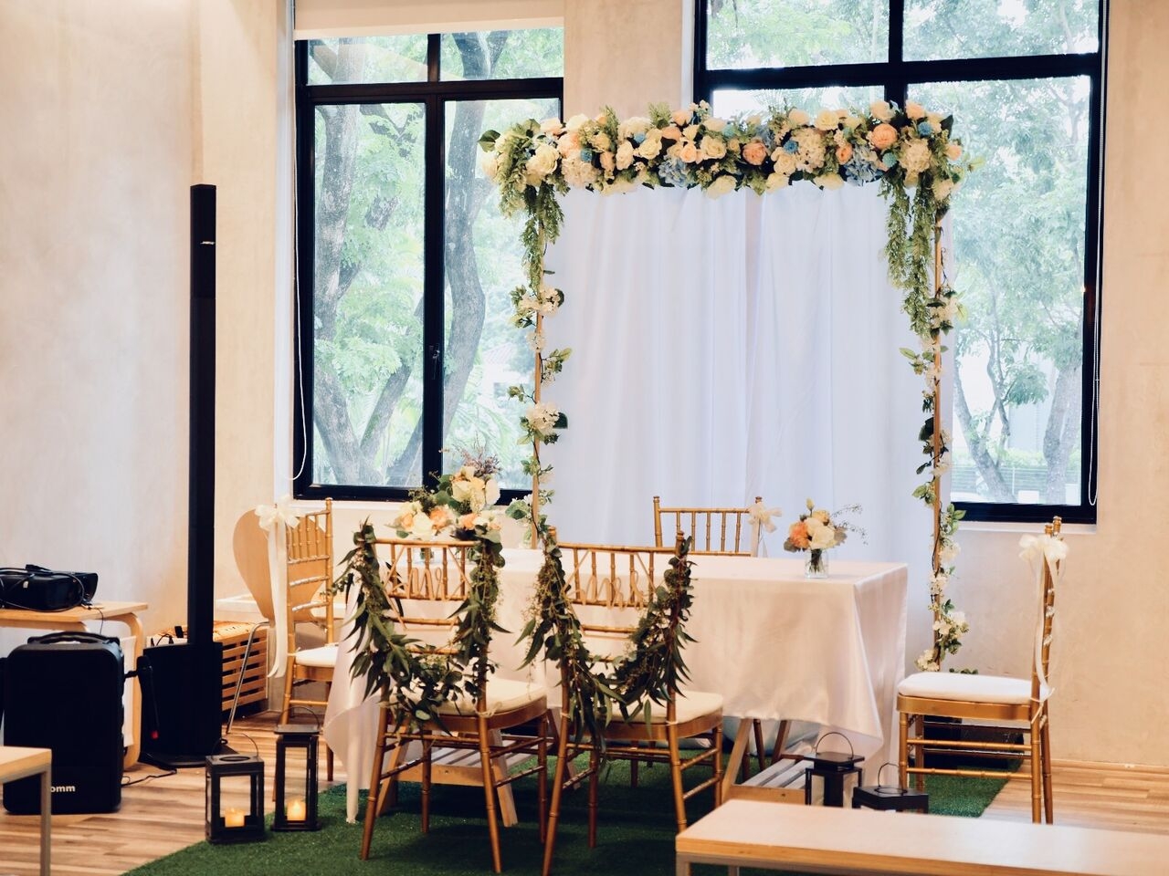 Solemnisation flower arch couple chair