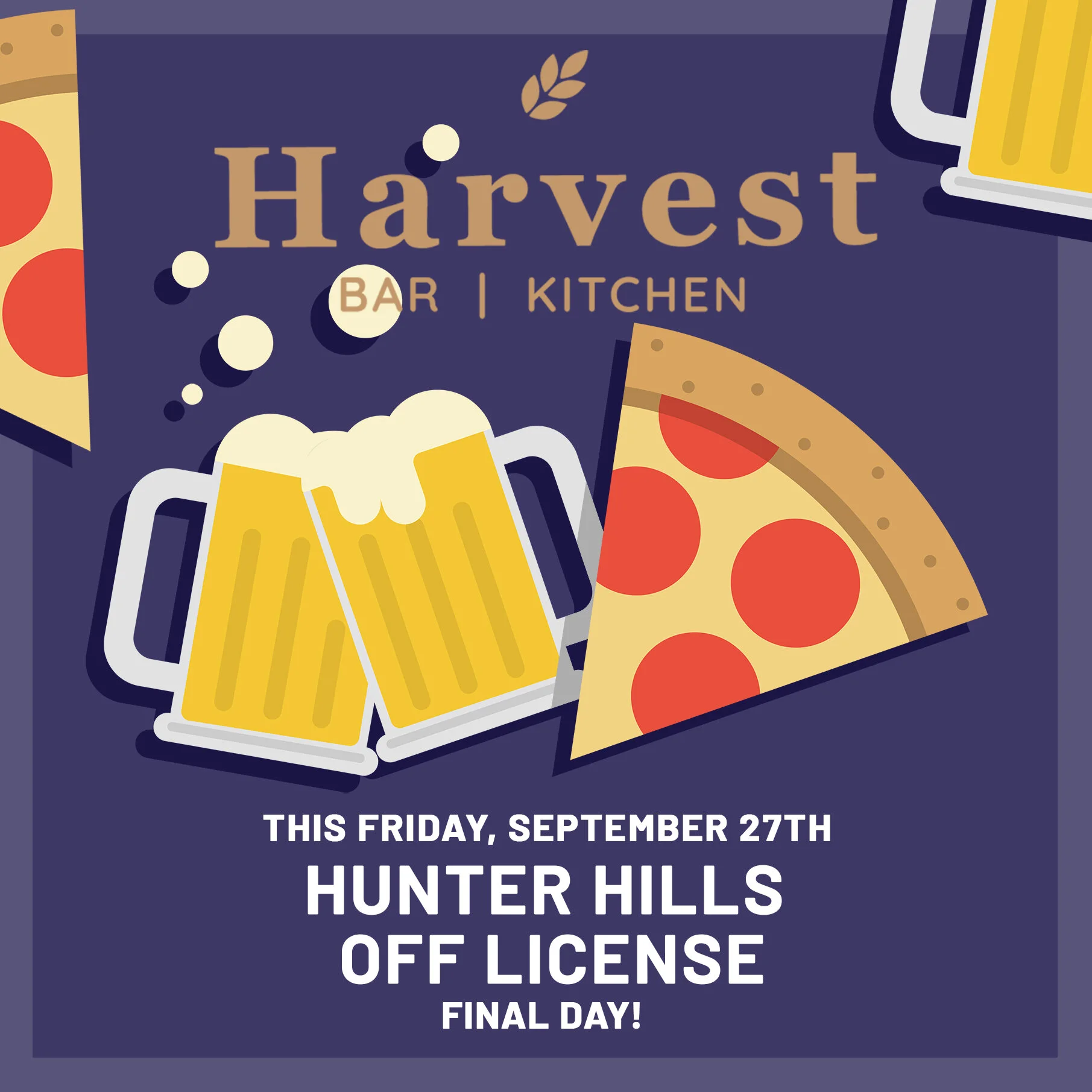 This Friday - It's the last day of the Hunter Hills off-licence this Friday, so we decided to make Friday a pizza and beer evening. Head on up and bring your riggers for one last fill, plus a catch up with the Hunter Hills brewers. Don't worry the on-licence beer will still be flowing!!! After that you'll have to head down to Superliquor for your home requirements. We're running just the pizza and bar snacks menu for the evening, with Chicken, Meatlovers, Hawaiian, and Vegetarian flavours on offer.
