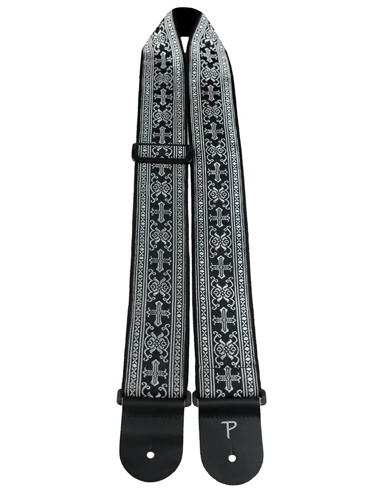 PERRI'S 2.5" METALLIC SILVER CROSS DESIGN JACQUARD WITH LEATHER ENDS Guitar Strap (TWS-6548)