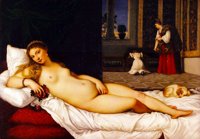 Titian, Venus of Urbino, 1538, Oil on canvas, 119 cm × 165 cm (47 in × 65 in), Uffizi Gallery.