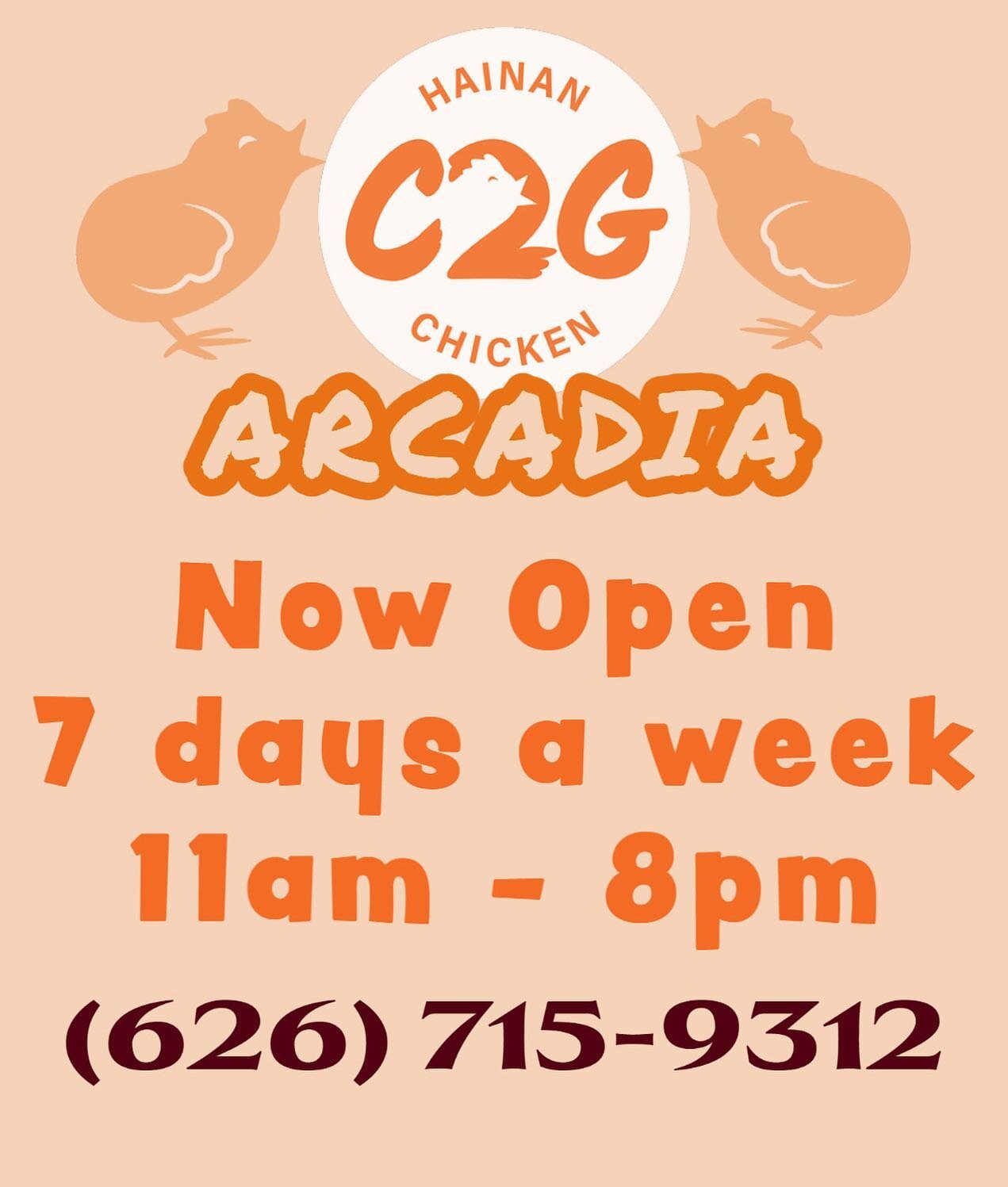 Our newest Arcadia location is officially open 7 days a week! Come stop by, call in, or order online everyday from 11am - 8pm!! 

.
.
.
.

#hainanchicken #hainan #hainanese #hainanchickenrice #chickenrice #chicken 
#friedchicken #friedhainanchicken 
