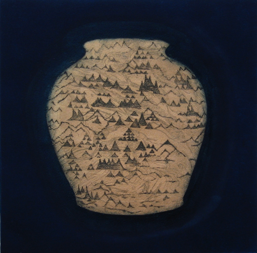 ‘Land‘, inspired by a shell at the British Museum which reminded me of imaginary landscapes… the shape of the pot is one that carries water. — Sally Spens